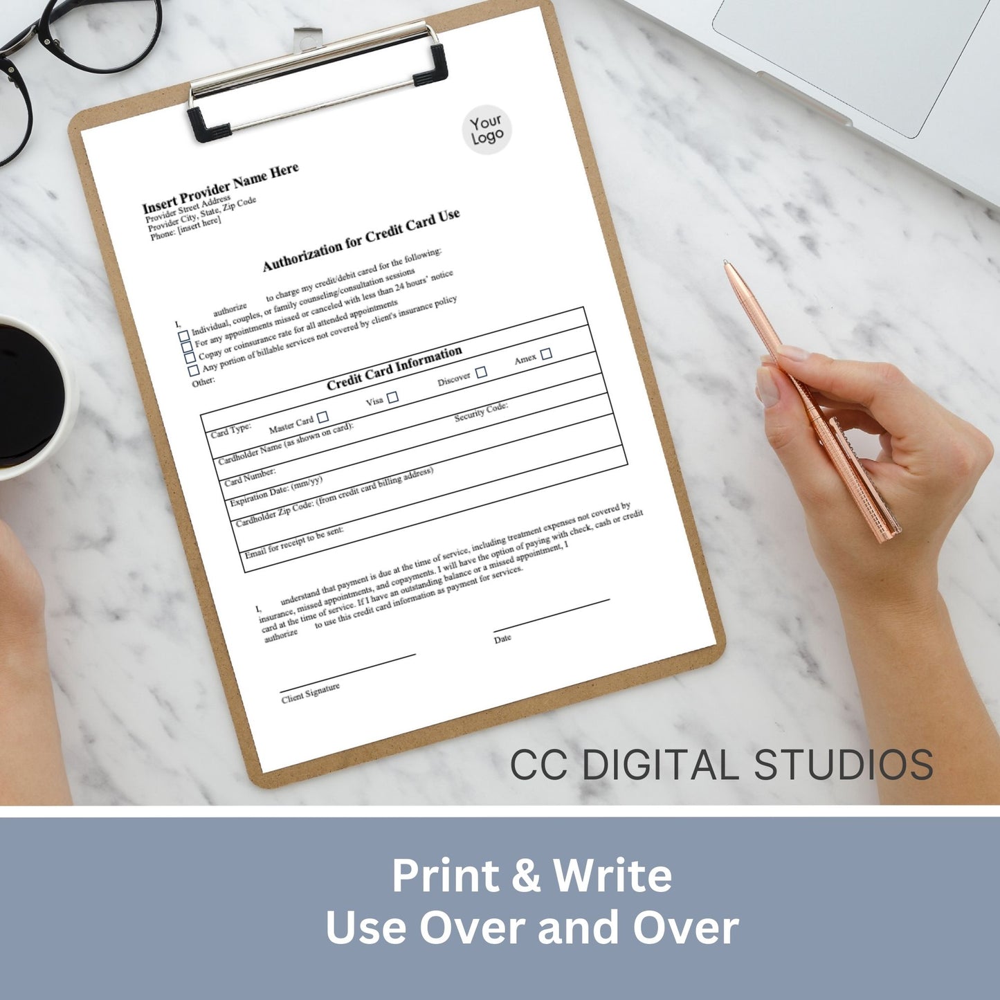 Streamline your client onboarding process with our Authorization for Credit Card Use, fully editable WORD Doc for mental health professionals.  Easily customize the template to fit your therapists office