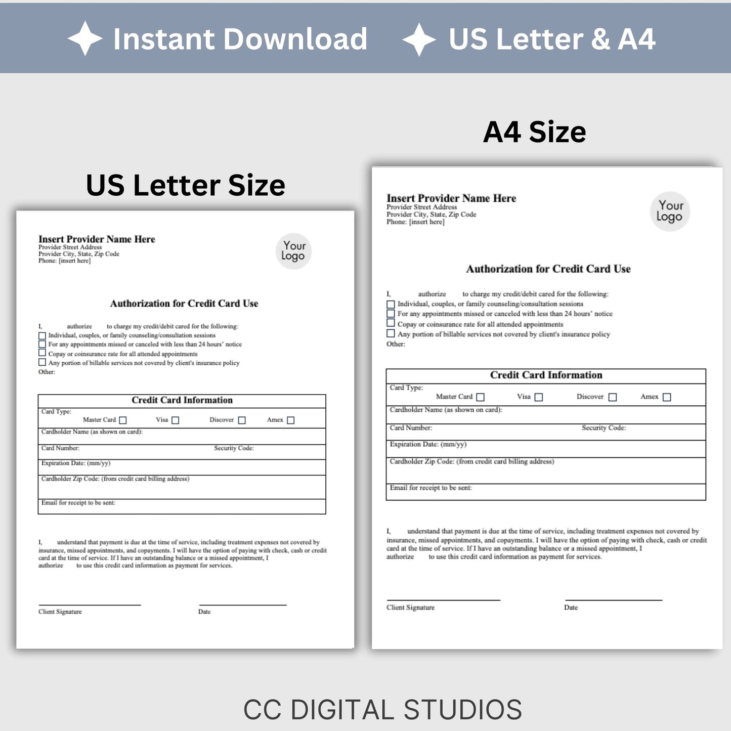 Streamline your client onboarding process with our Authorization for Credit Card Use, fully editable WORD Doc for mental health professionals.  Easily customize the template to fit your therapists office