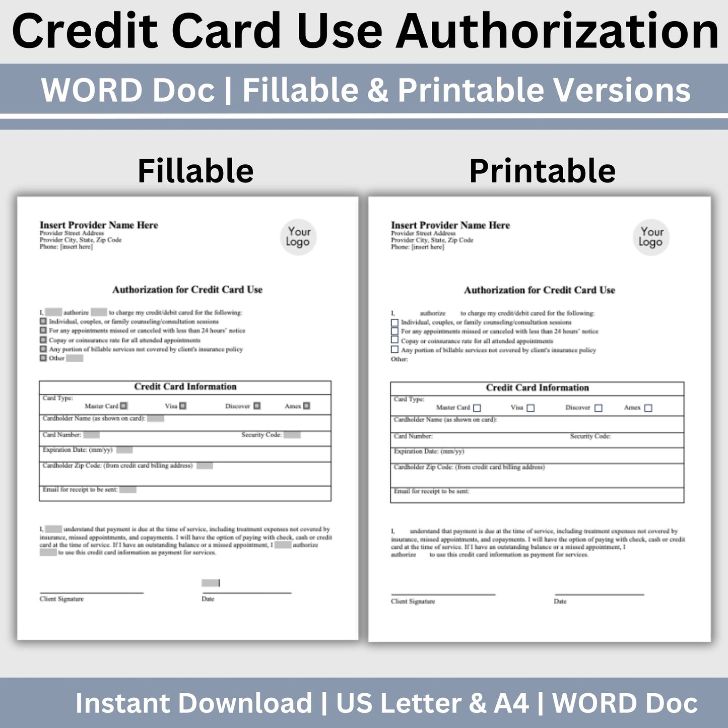 Credit Card Authorization Template:  Editable WORD Doc for Therapist Offices