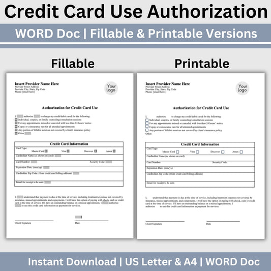 Credit Card Authorization Template:  Editable WORD Doc for Therapist Offices