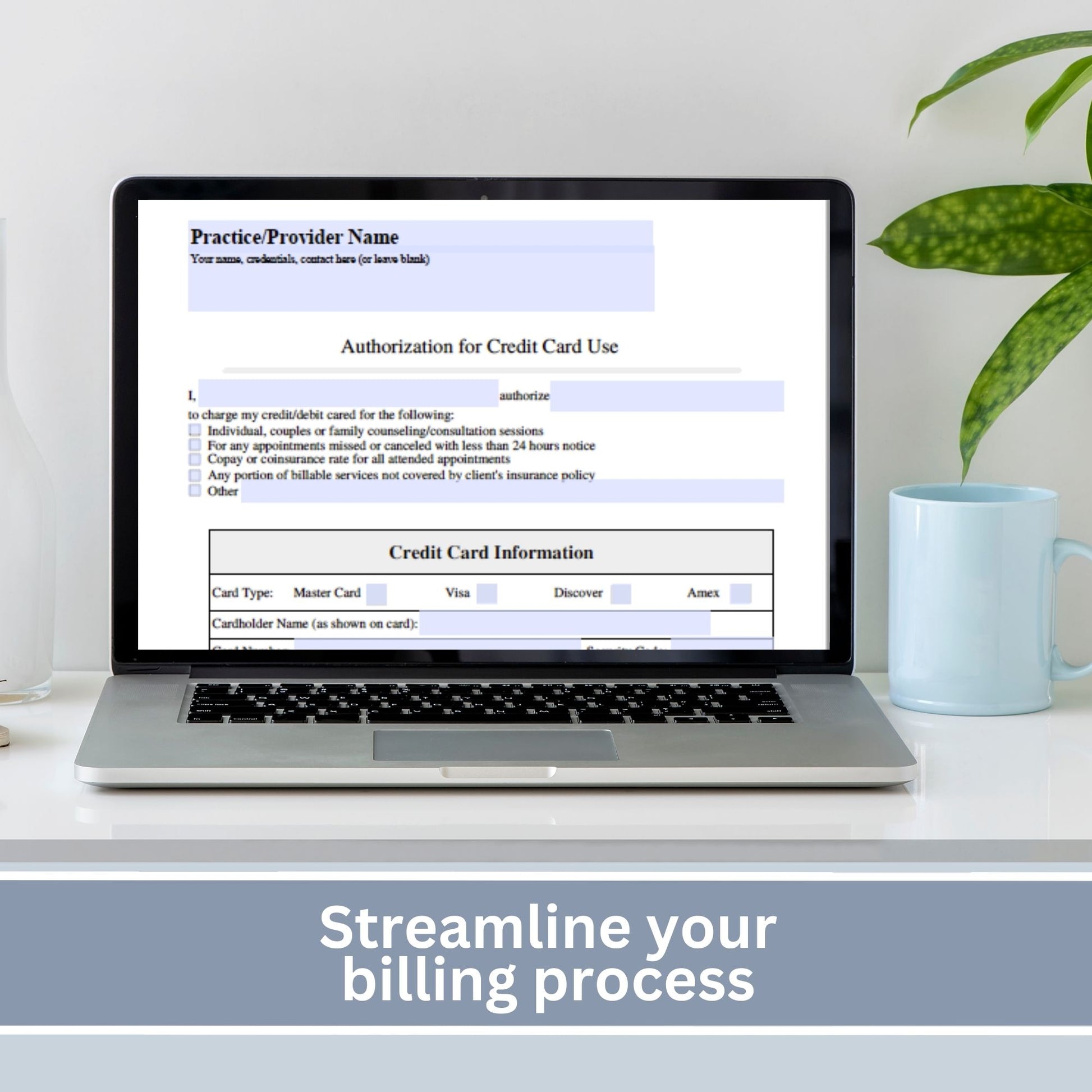 Authorization for Credit Card Use form. &nbsp;Perfect for private practice counseling office. &nbsp;Save valuable time on therapist office billing.&nbsp;