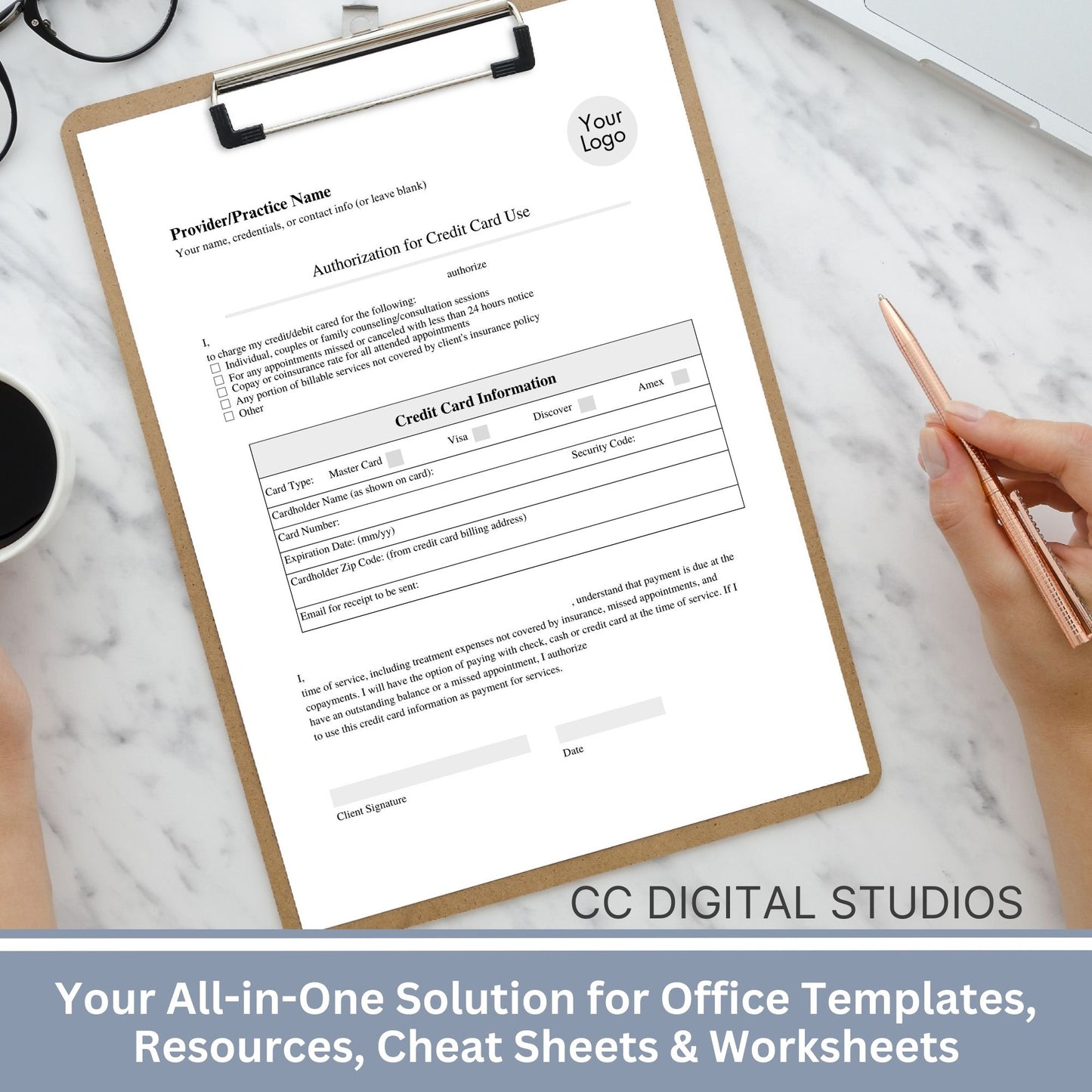 Authorization for Credit Card Use form. &nbsp;Perfect for private practice counseling office. &nbsp;Save valuable time on therapist office billing.&nbsp;