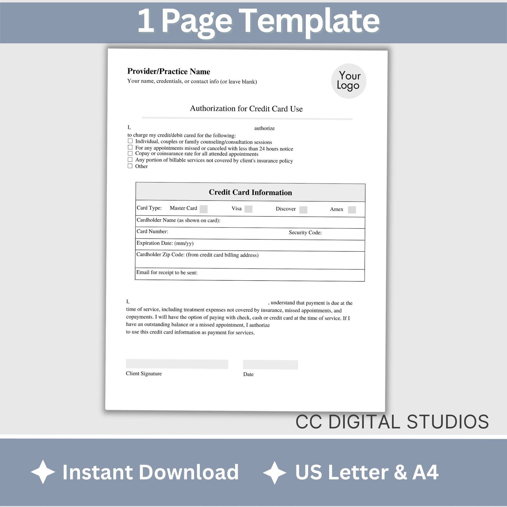 Authorization for Credit Card Use form. &nbsp;Perfect for private practice counseling office. &nbsp;Save valuable time on therapist office billing.&nbsp;