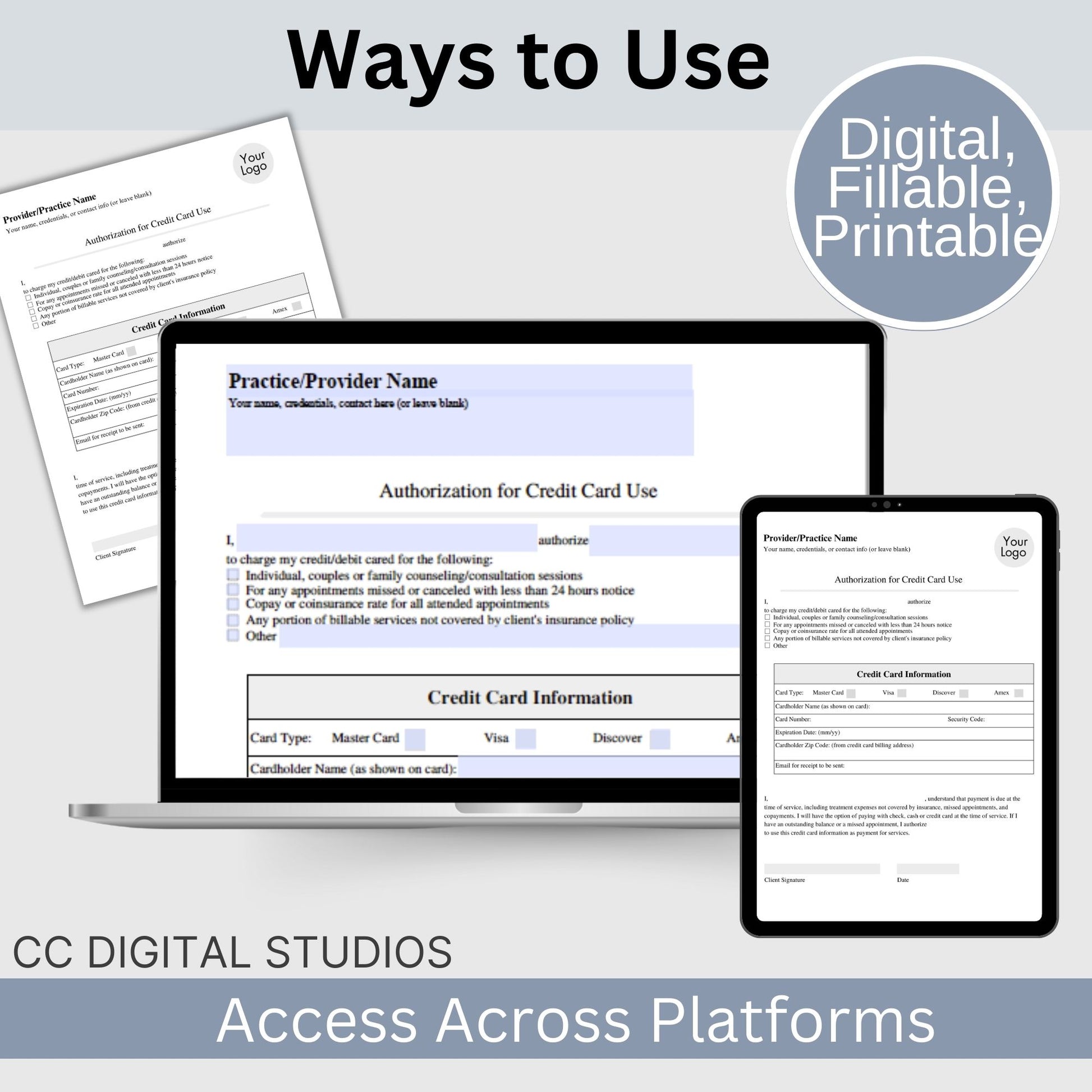 Authorization for Credit Card Use form. &nbsp;Perfect for private practice counseling office. &nbsp;Save valuable time on therapist office billing.&nbsp;