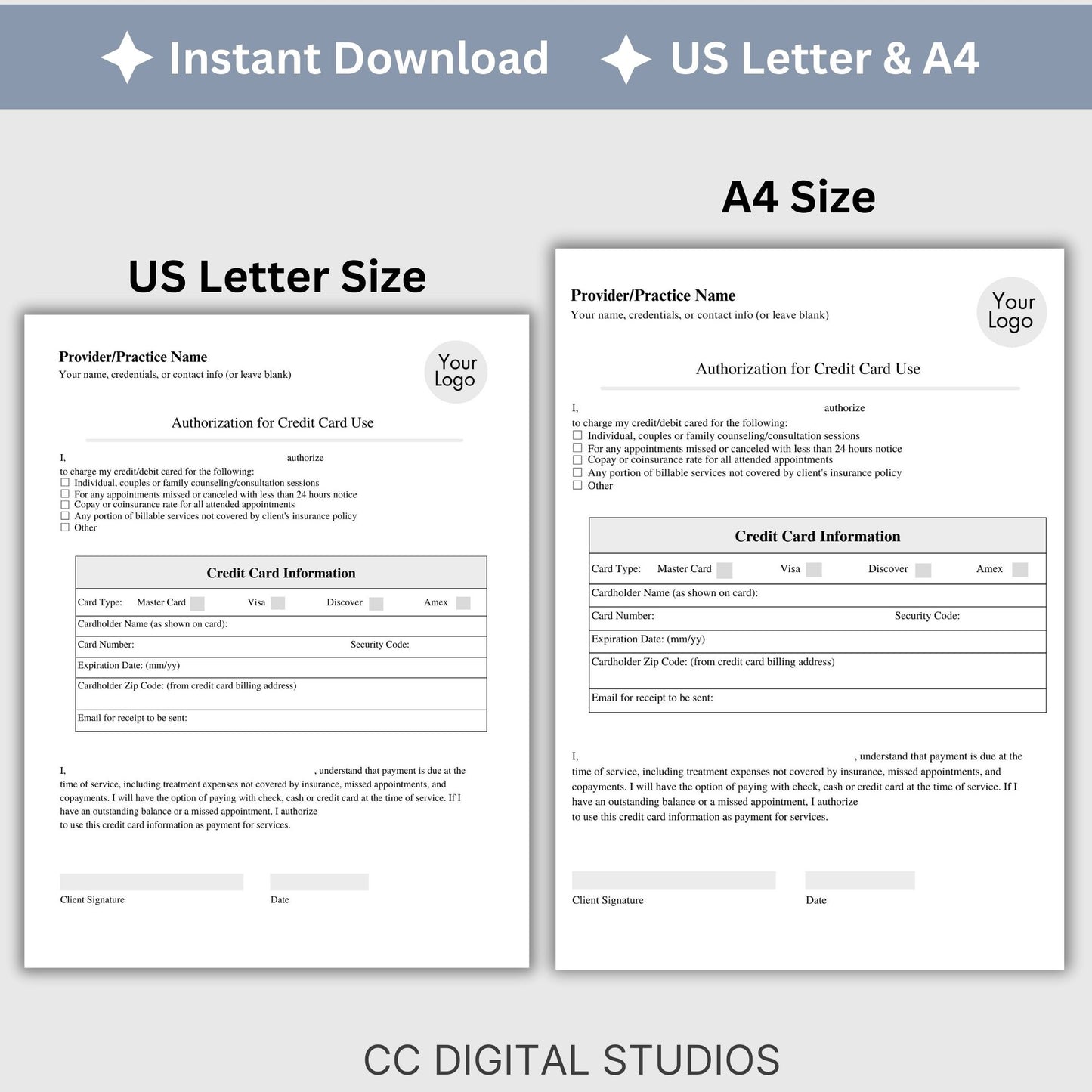 Authorization for Credit Card Use form. &nbsp;Perfect for private practice counseling office. &nbsp;Save valuable time on therapist office billing.&nbsp;