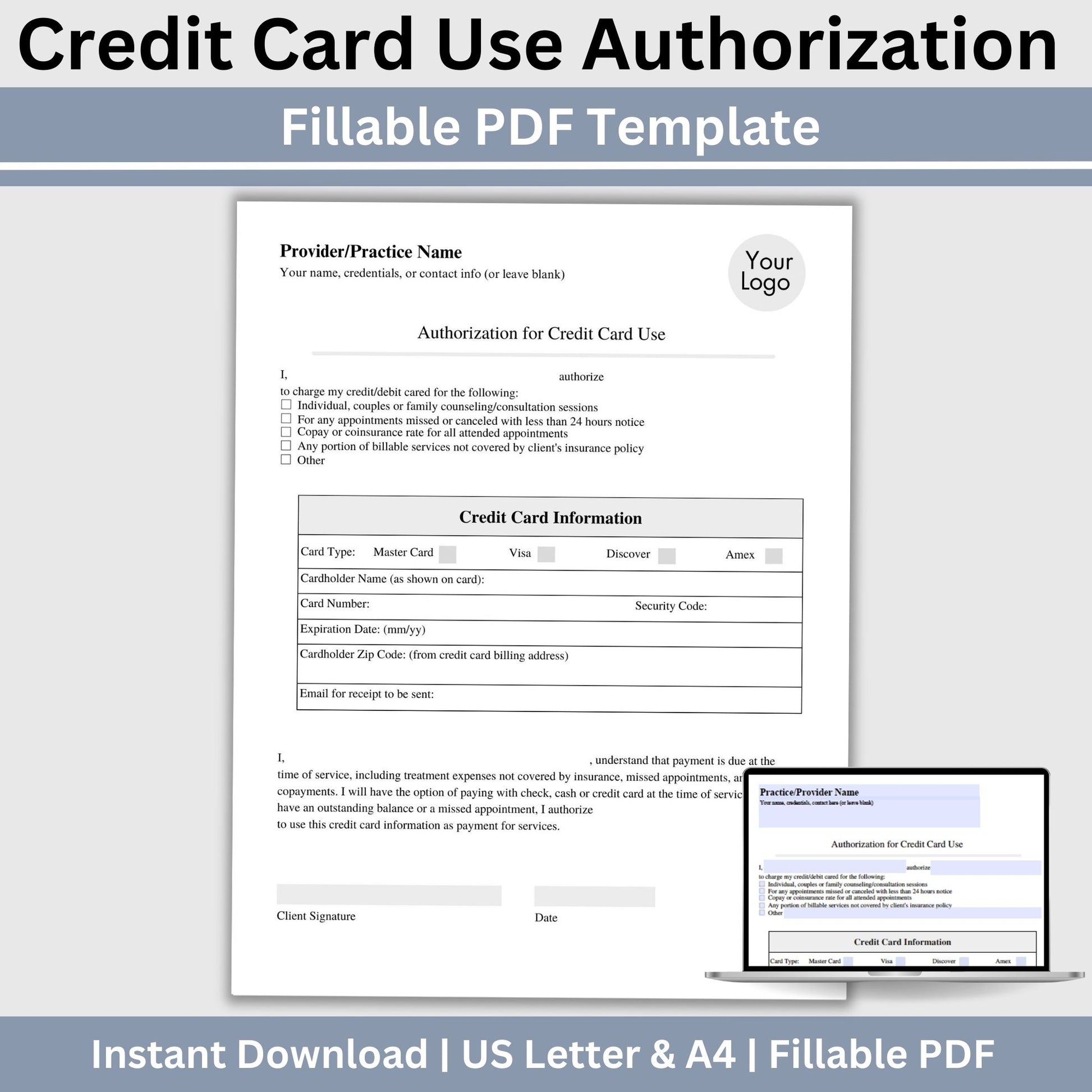 Authorization for Credit Card Use form. &nbsp;Perfect for private practice counseling office. &nbsp;Save valuable time on therapist office billing.&nbsp;