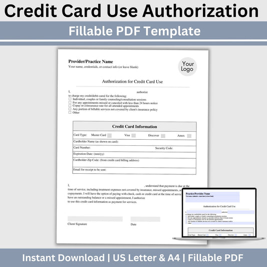 Authorization for Credit Card Use form. &nbsp;Perfect for private practice counseling office. &nbsp;Save valuable time on therapist office billing.&nbsp;