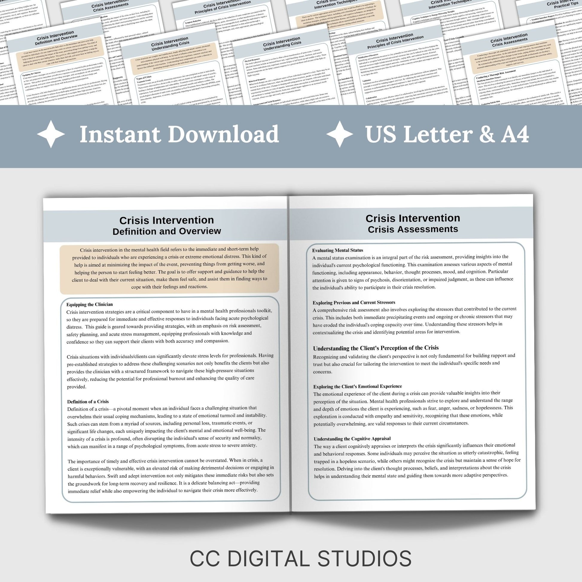 Feel prepared with our crisis intervention guide, a perfect cheat sheet for any therapist office. Designed for psychologists, school counselors, social workers, and more, this reference sheet is packed with concise therapy tools