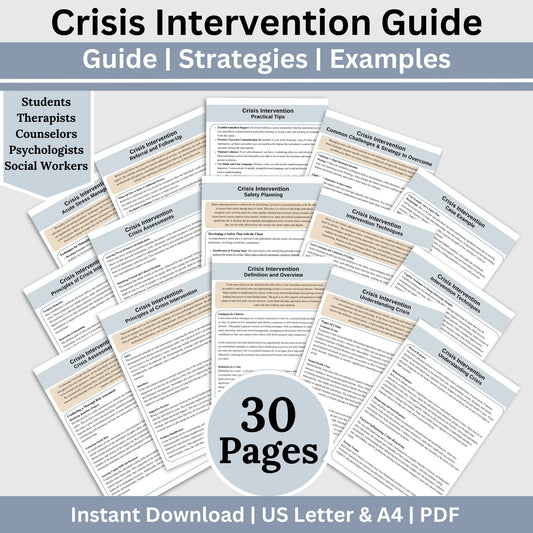 Feel prepared with our crisis intervention guide, a perfect cheat sheet for any therapist office. Designed for psychologists, school counselors, social workers, and more, this reference sheet is packed with concise therapy tools