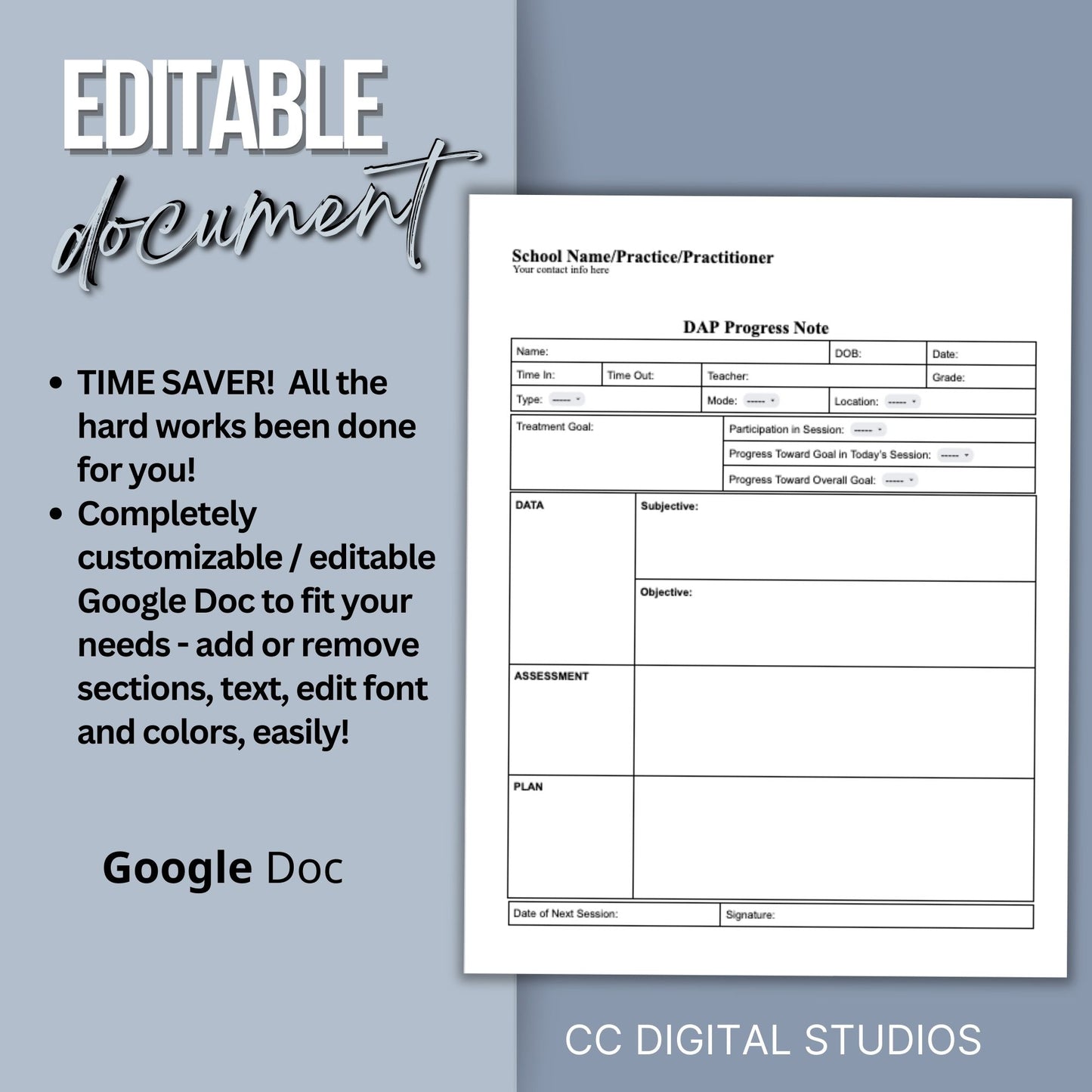 DAP Progress Note for School Counselors, School Psychologist, School Social Work Counseling Tools, Session Notes, Therapist Office Form