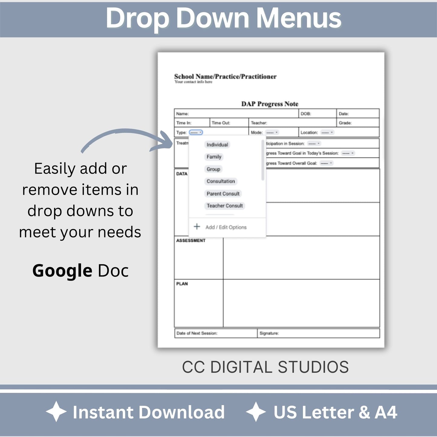 DAP Progress Note for School Counselors, School Psychologist, School Social Work Counseling Tools, Session Notes, Therapist Office Form