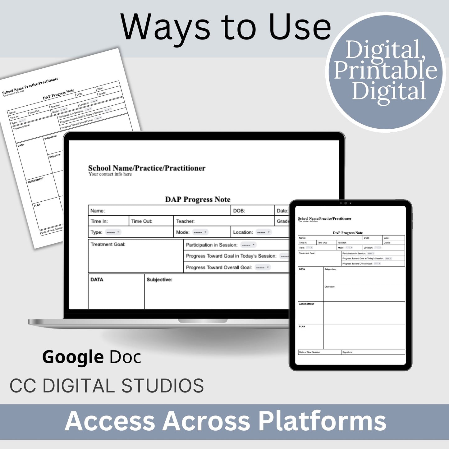 DAP Progress Note for School Counselors, School Psychologist, School Social Work Counseling Tools, Session Notes, Therapist Office Form