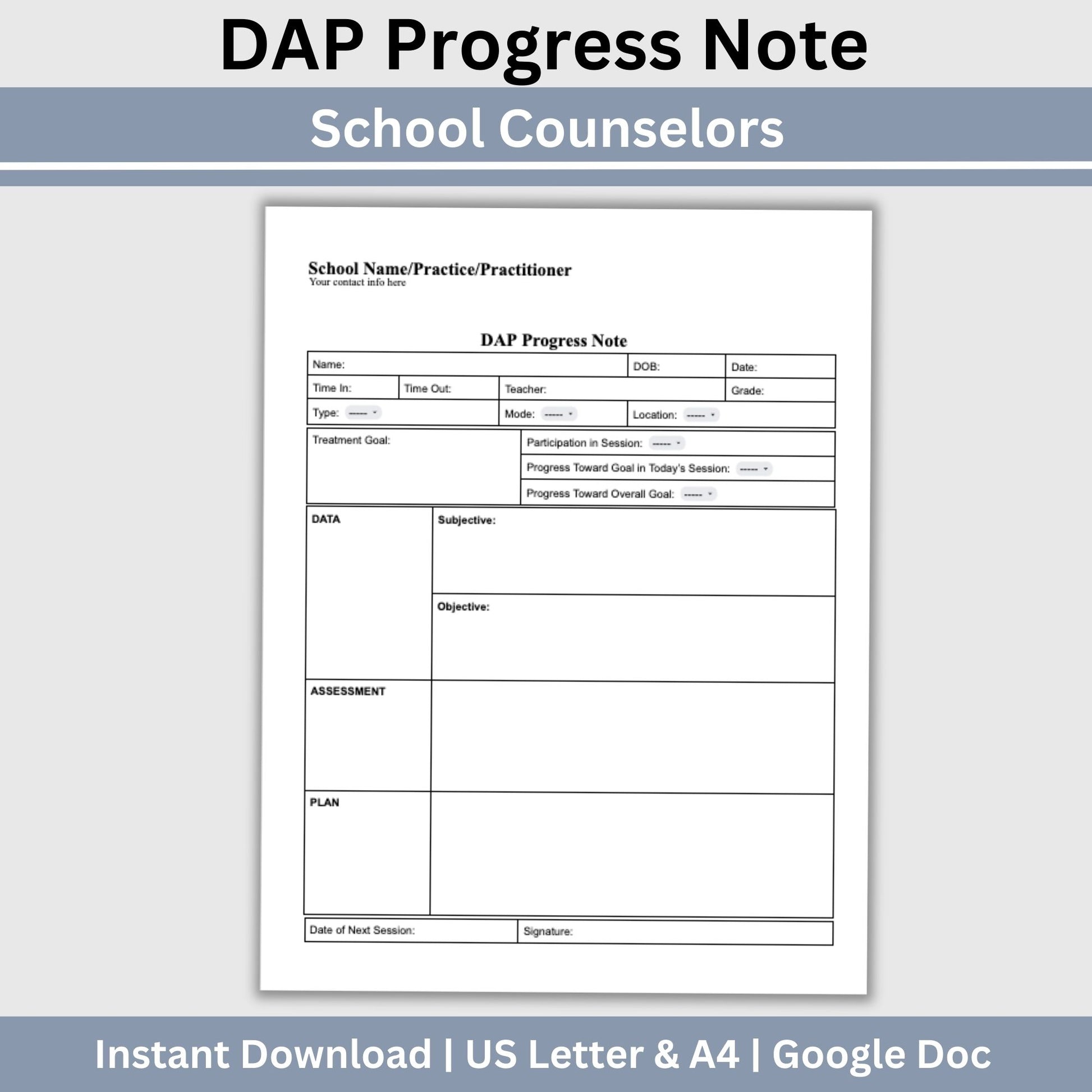 DAP Progress Note for School Counselors, School Psychologist, School Social Work Counseling Tools, Session Notes, Therapist Office Form