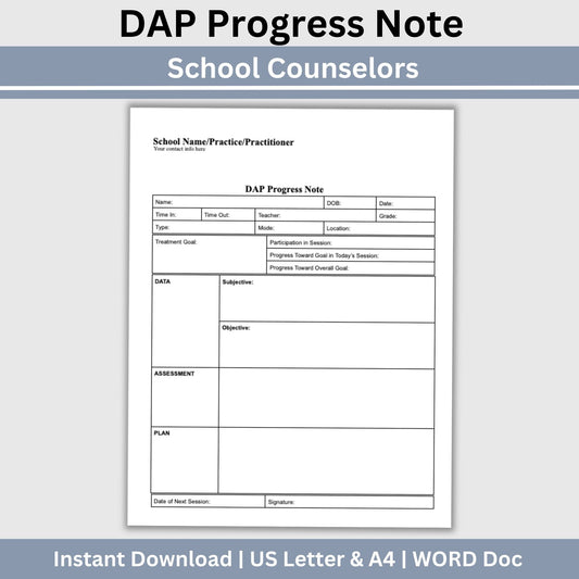 DAP Progress Note for School Counselors, School Psychologist, School Social Work Counseling Tools, Session Notes, Therapist Office Form