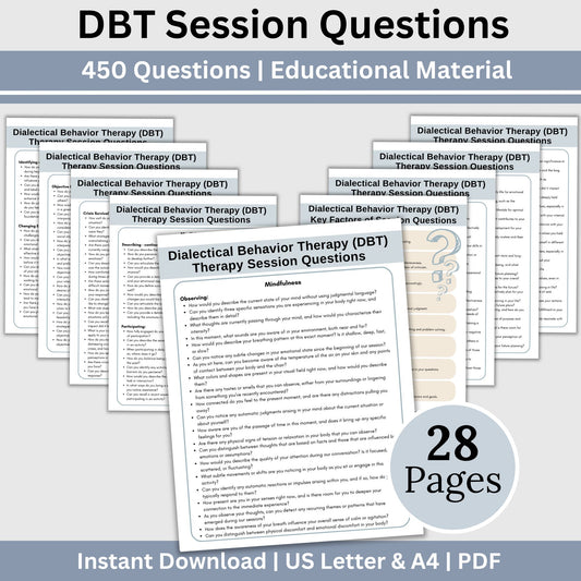 DBT skills in therapy sessions with our comprehensive Therapy Questions Reference Sheet, designed to facilitate meaningful discussions and foster self-reflection. With 450 therapy questions, this therapy cheat sheet is an invaluable tool for counseling offices, offering a practical guide for psychotherapy sessions.