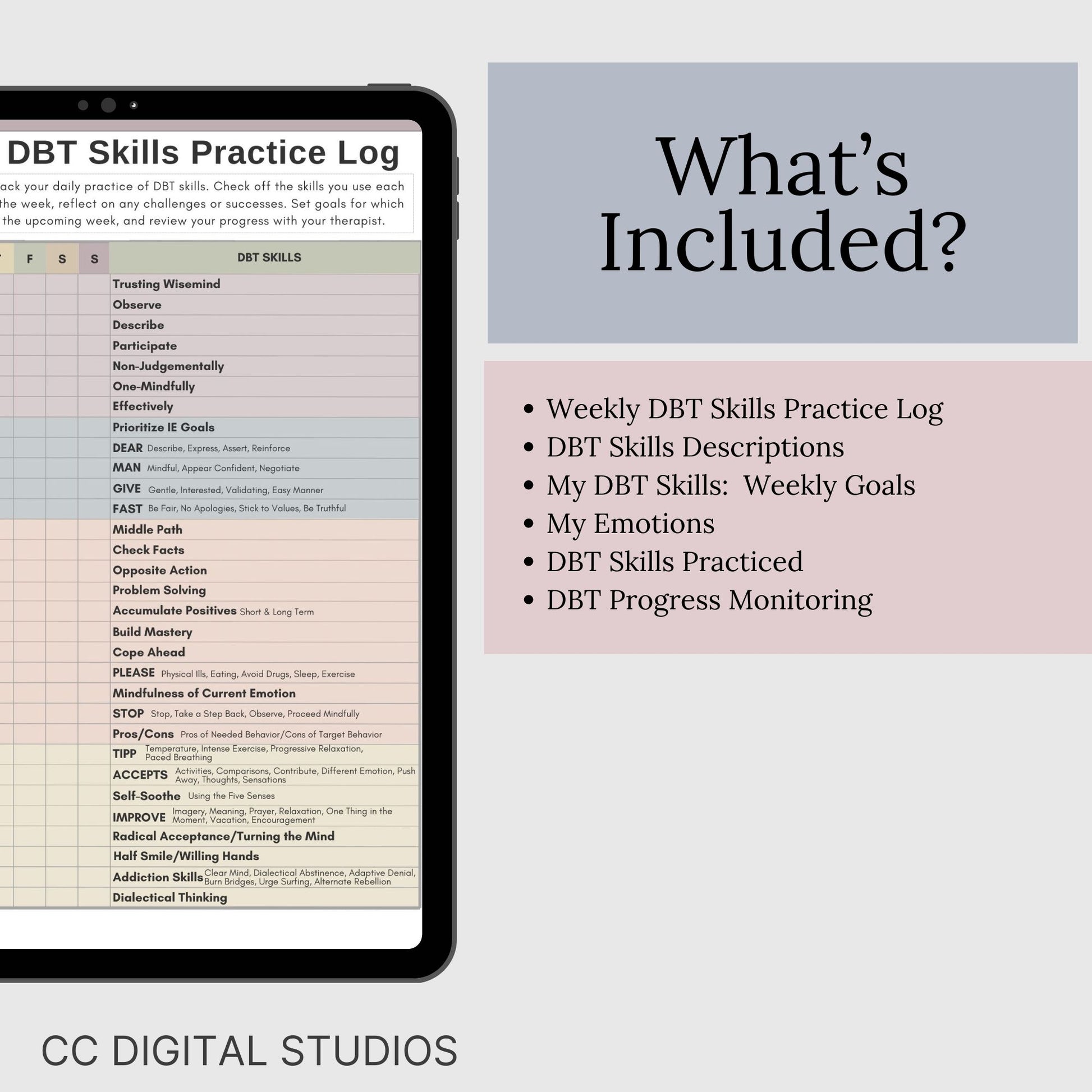 DBT skills worksheets, designed for mental health professionals and individuals seeking effective coping strategies. Practical DBT cheat sheets and skills diary to track progress in Dialectical Behavior Therapy. 