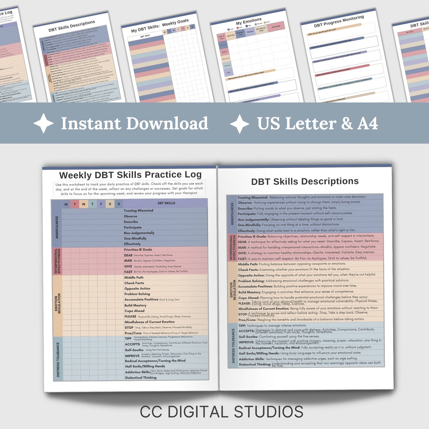 DBT skills worksheets, designed for mental health professionals and individuals seeking effective coping strategies. Practical DBT cheat sheets and skills diary to track progress in Dialectical Behavior Therapy. 