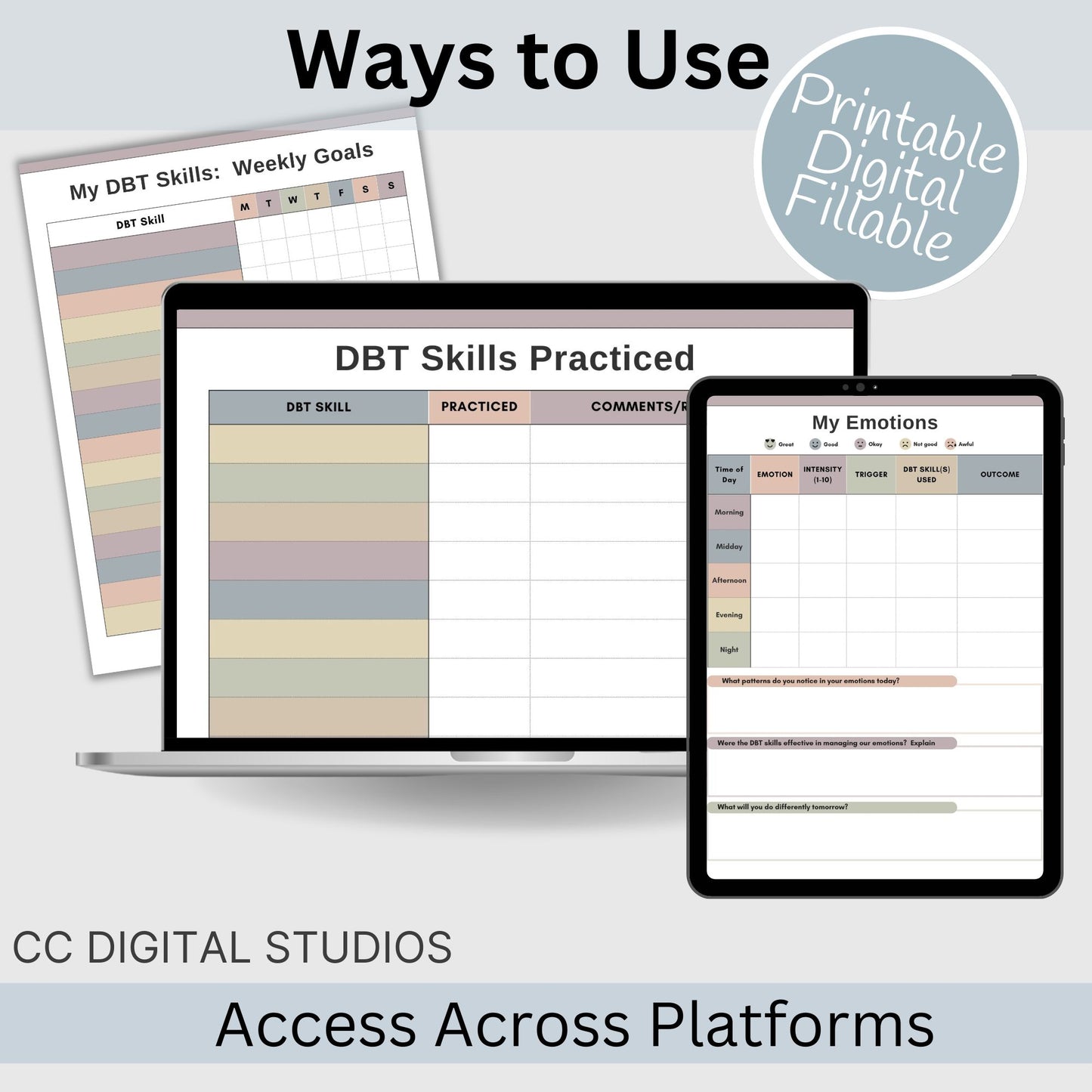 DBT skills worksheets, designed for mental health professionals and individuals seeking effective coping strategies. Practical DBT cheat sheets and skills diary to track progress in Dialectical Behavior Therapy. 