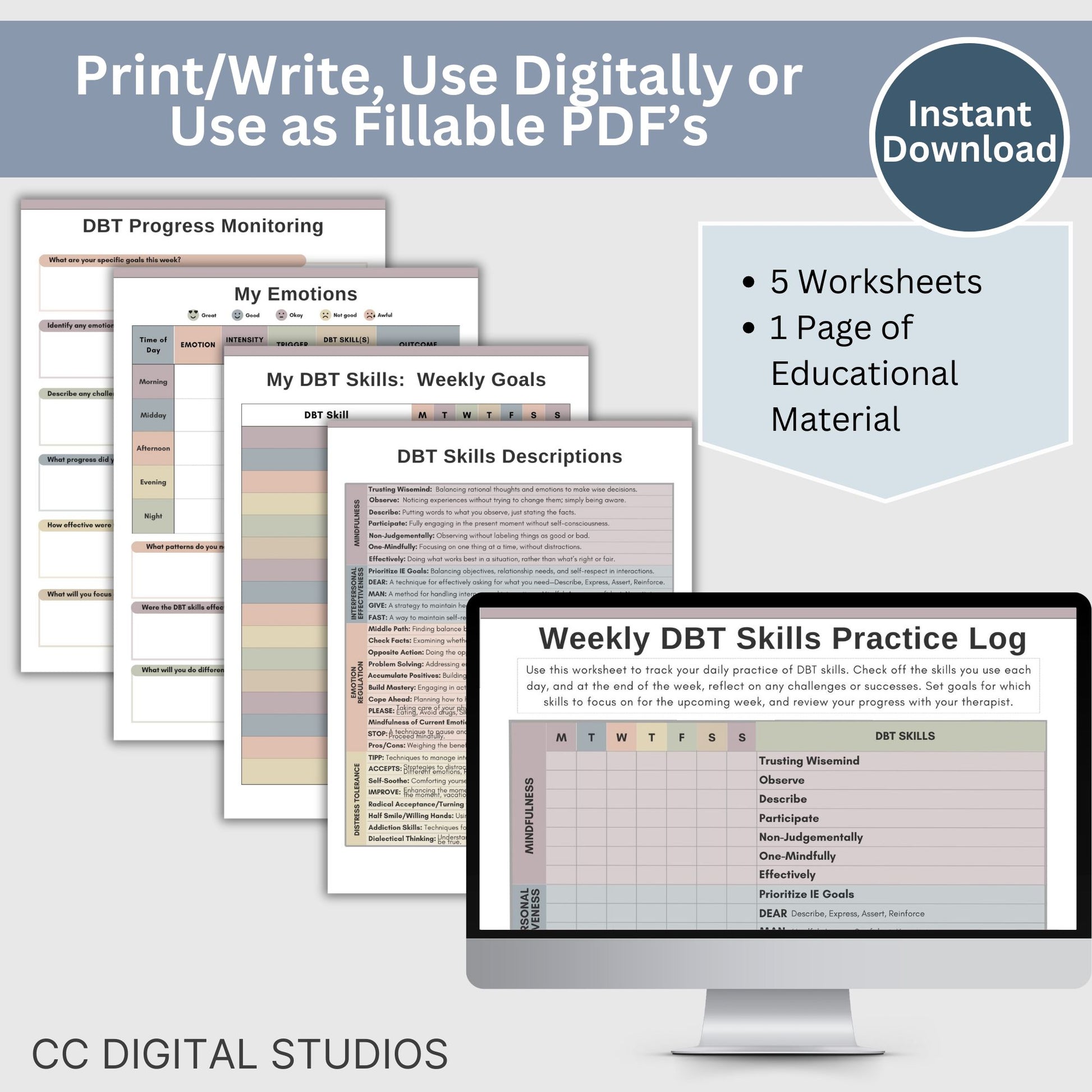 DBT skills worksheets, designed for mental health professionals and individuals seeking effective coping strategies. Practical DBT cheat sheets and skills diary to track progress in Dialectical Behavior Therapy. 