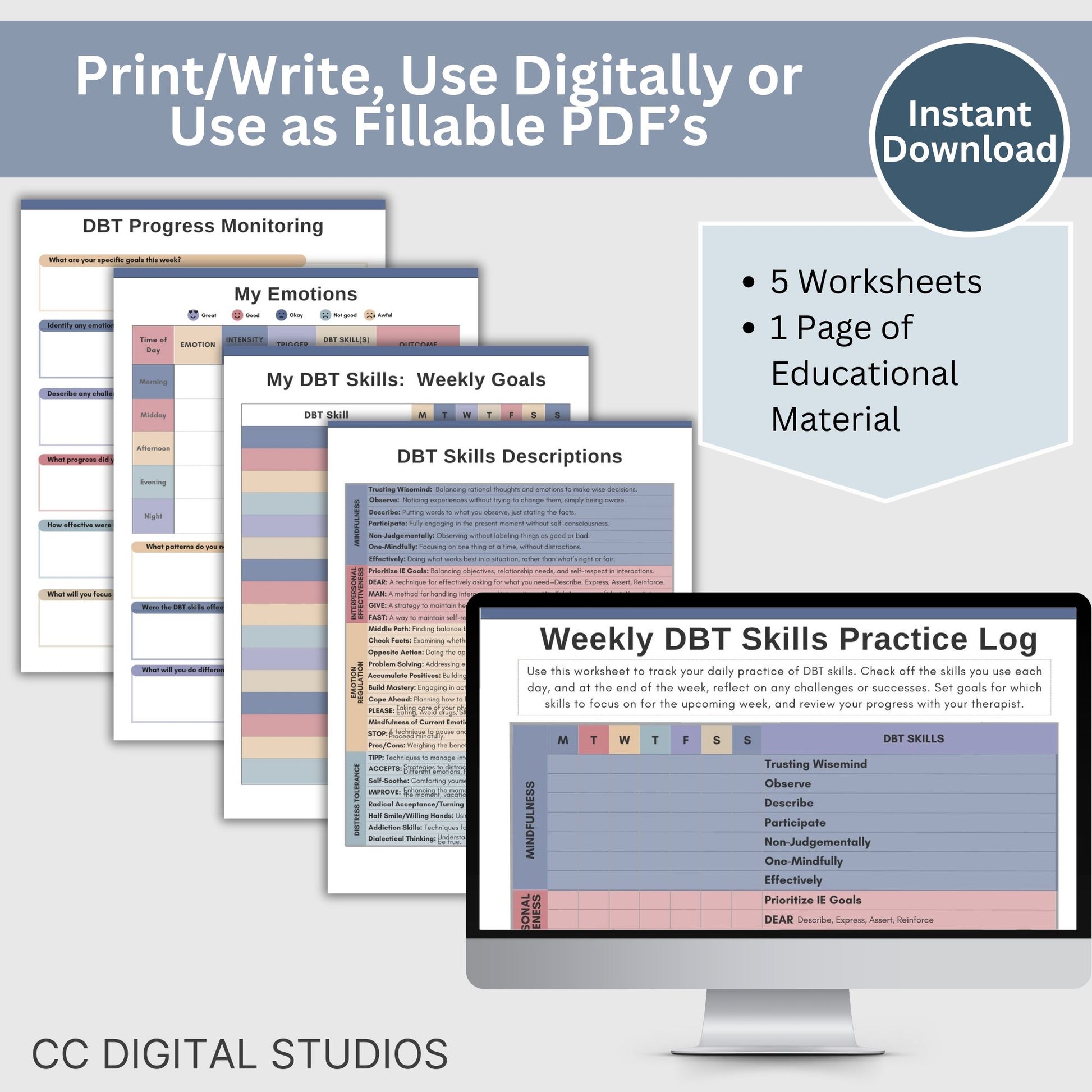 DBT skills worksheets, designed for mental health professionals and individuals seeking effective coping strategies. Practical DBT cheat sheets and skills diary to track progress in Dialectical Behavior Therapy. 