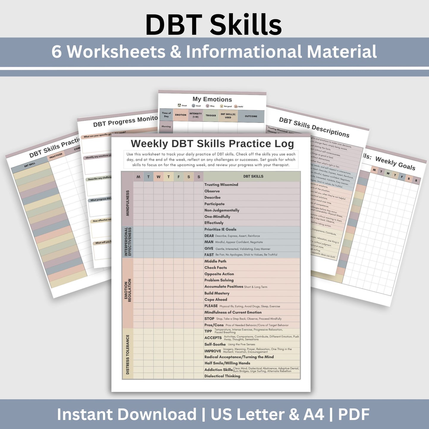 DBT skills worksheets, designed for mental health professionals and individuals seeking effective coping strategies. Practical DBT cheat sheets and skills diary to track progress in Dialectical Behavior Therapy. 