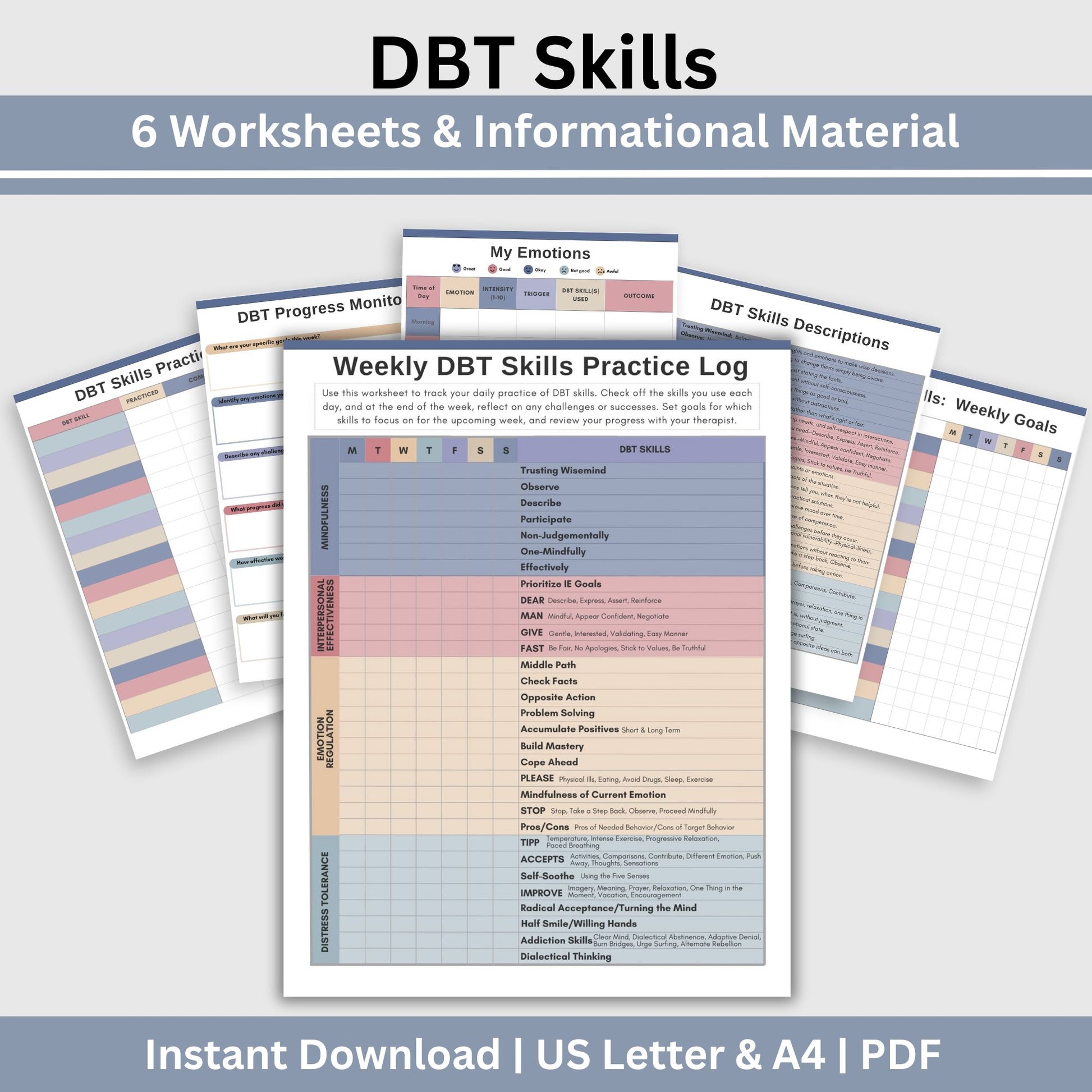 DBT skills worksheets, designed for mental health professionals and individuals seeking effective coping strategies. Practical DBT cheat sheets and skills diary to track progress in Dialectical Behavior Therapy. 