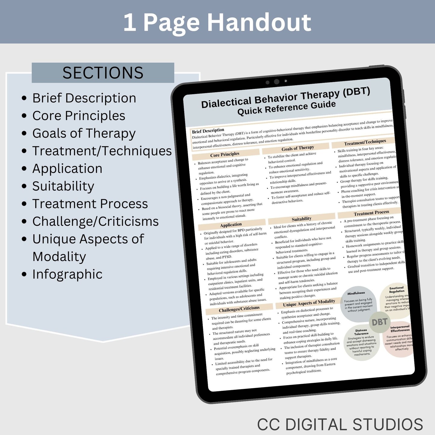 DBT handout for psychoeducation, offering a clear, concise DBT Therapy Cheat Sheet that demystifies key concepts and techniques. Perfect for use in sessions or as a homework tool, it's an essential part of your counseling resources.