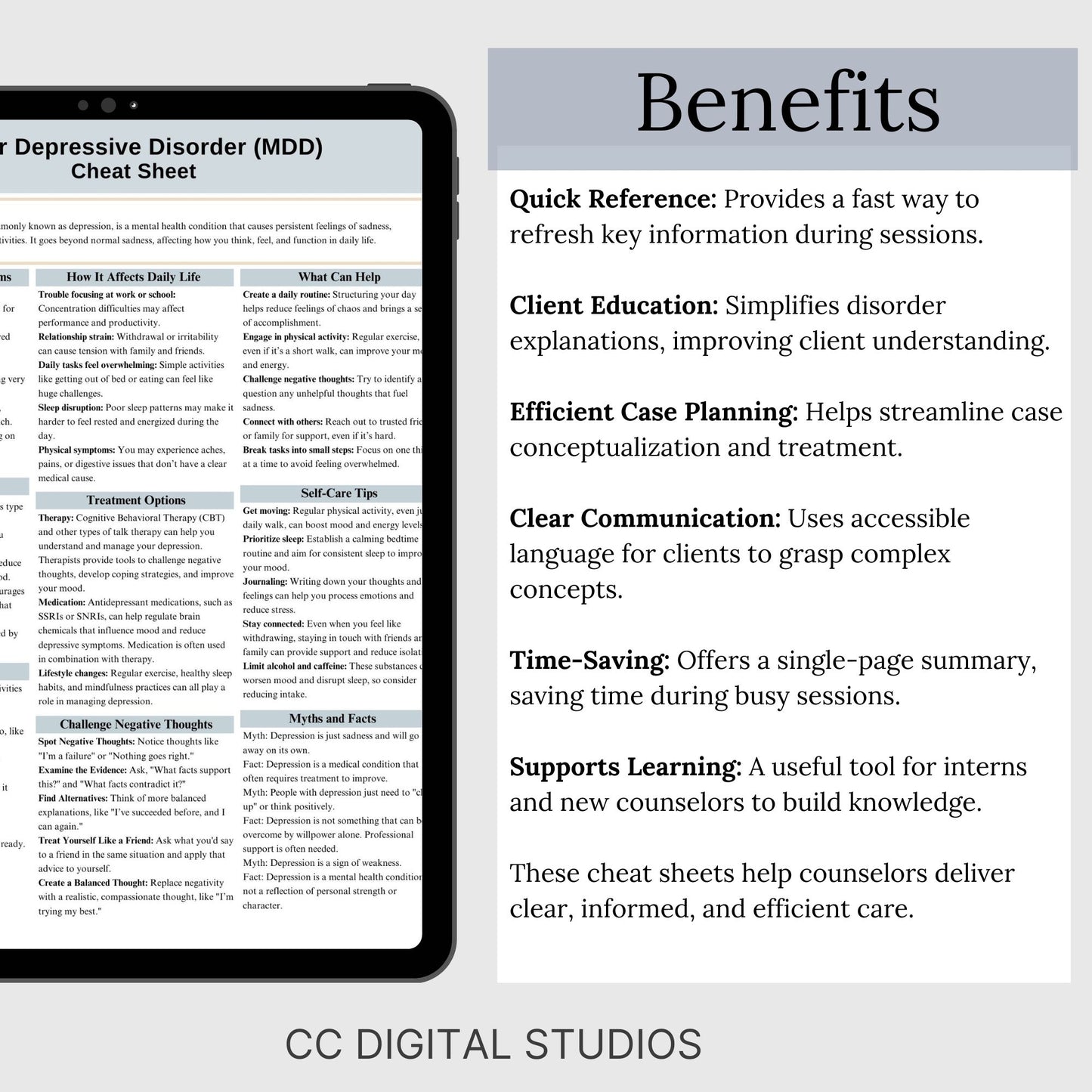 Depression Therapy Cheat Sheet:  2 IN 1 Psychoeducation for Client and Cheat Sheet for Counselors