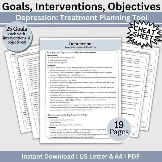 Depression Treatment Planning Tool. This therapy resource helps you create effective treatment plans with SMART goals, objectives and interventions. Treatment plans for depression 25 SMART goals for therapy, 84 interventions and 202 objectives.