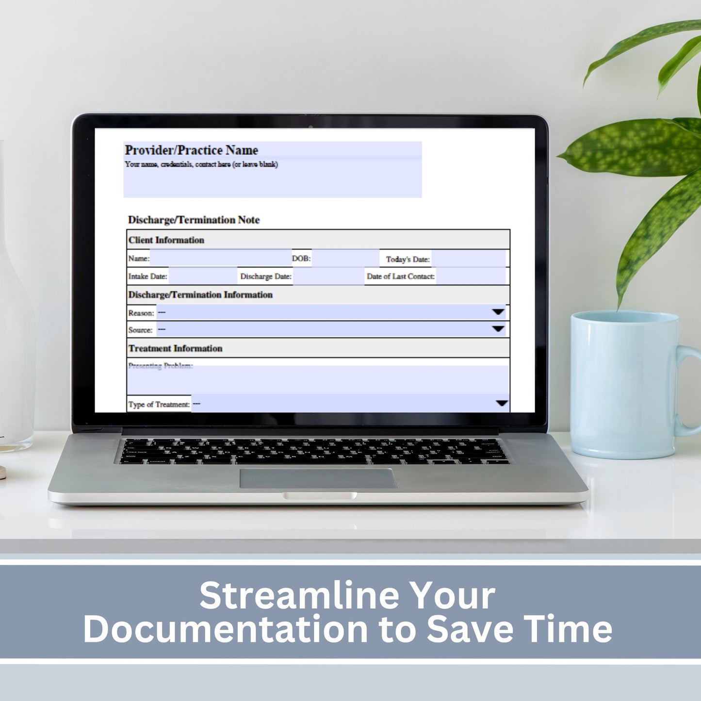 Termination summary for therapist office when discharging clients.  Fillable PDF streamlines the note taking process for private practice.