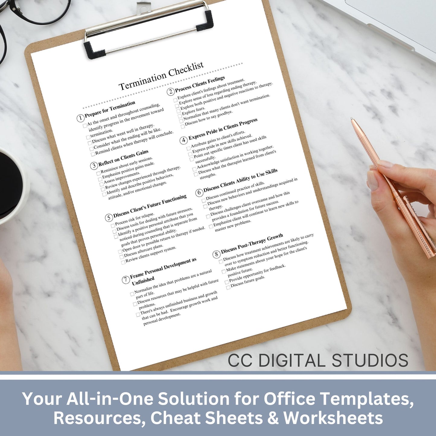 Termination summary for therapist office when discharging clients.  Fillable PDF streamlines the note taking process for private practice.