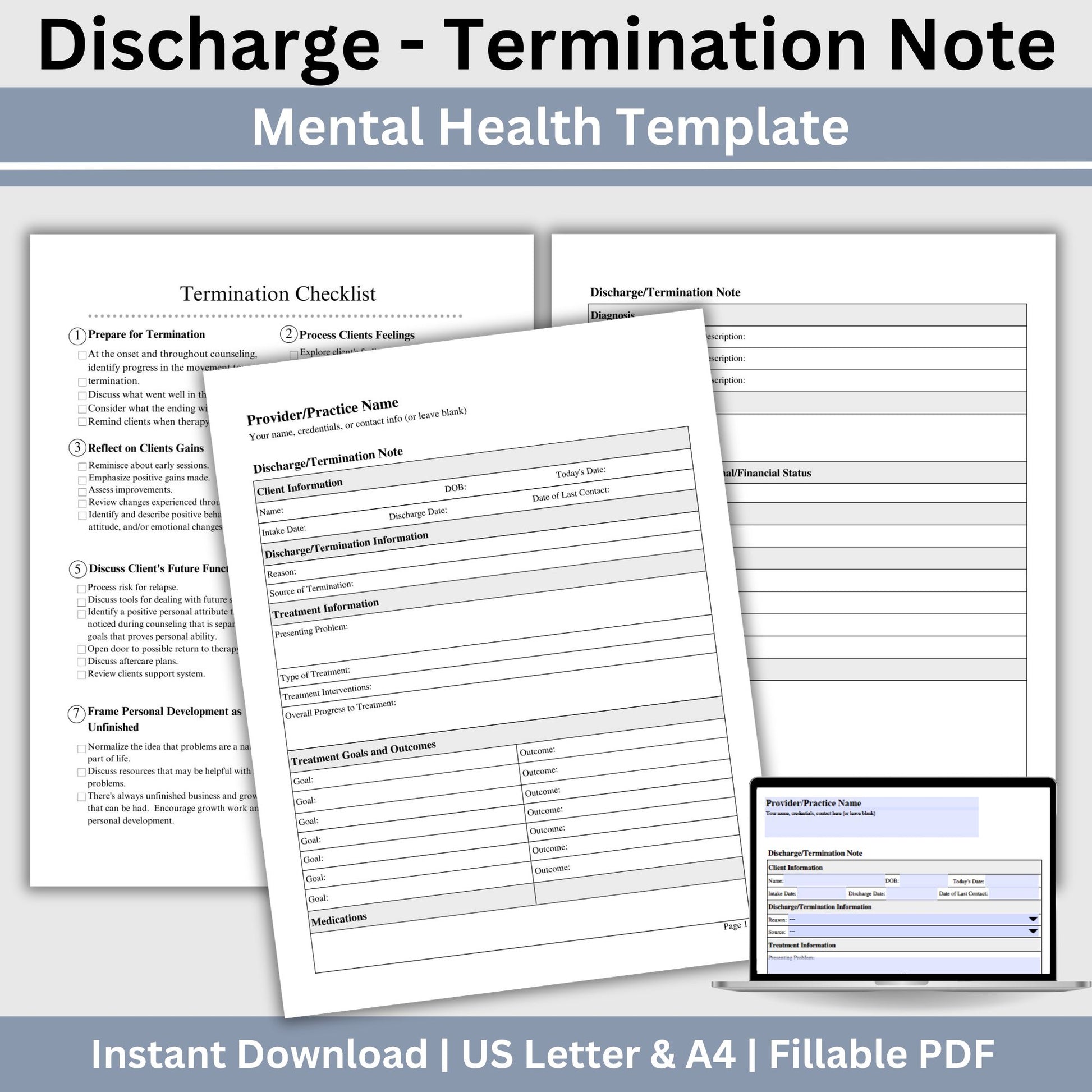 Termination summary for therapist office when discharging clients.  Fillable PDF streamlines the note taking process for private practice.