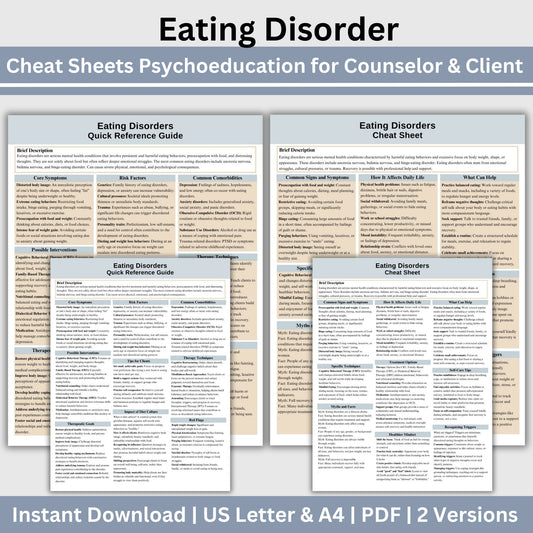 This 2-in-1 Eating Disorders Cheat Sheet is designed for both therapists and clients! It includes a therapist's quick reference guide and a client-friendly psychoeducational sheet, making it a valuable Eating Disorders therapy tool.