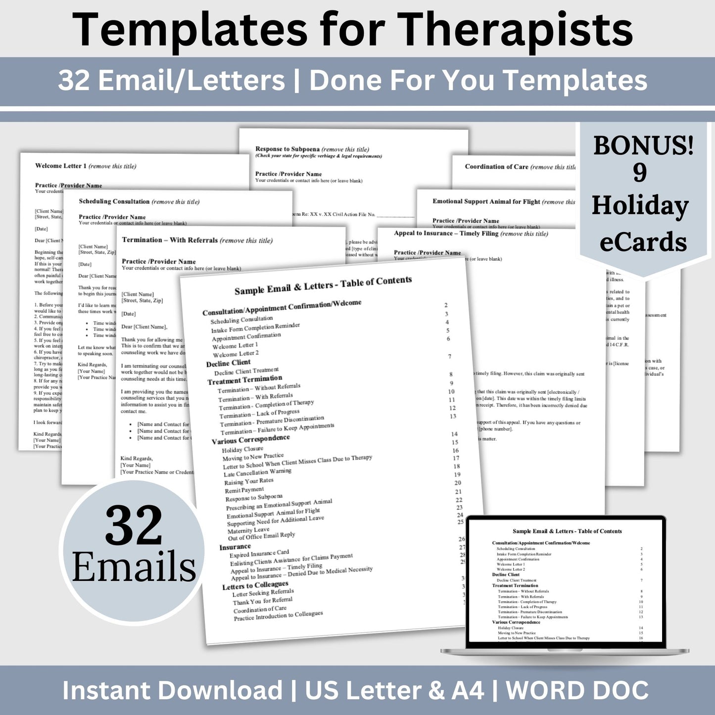 Therapist Office Email Templates: 32 Standard Email/Letter Templates and 9 Holiday eCards