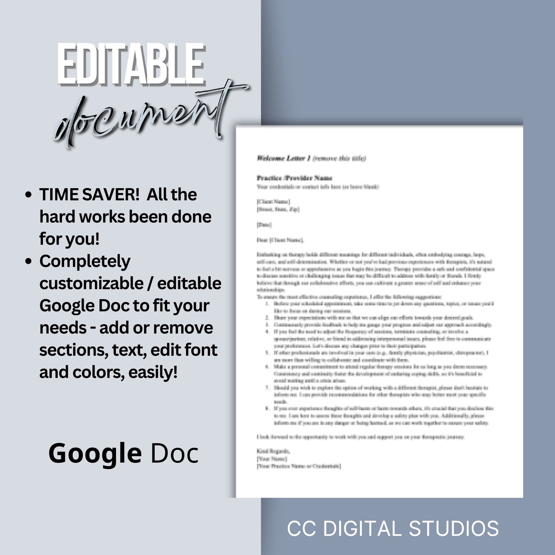 49 Email/letter templates that clinicians need for their professional correspondence. Pre-made emails/letters that will support your private practice business with minimal effort on your part. Completely editable Google Docs.