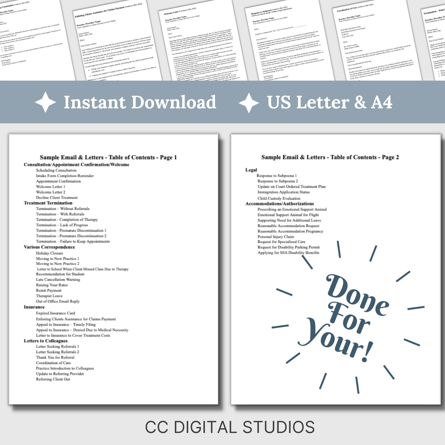 49 Email/letter templates that clinicians need for their professional correspondence. Pre-made emails/letters that will support your private practice business with minimal effort on your part. Completely editable Google Docs.