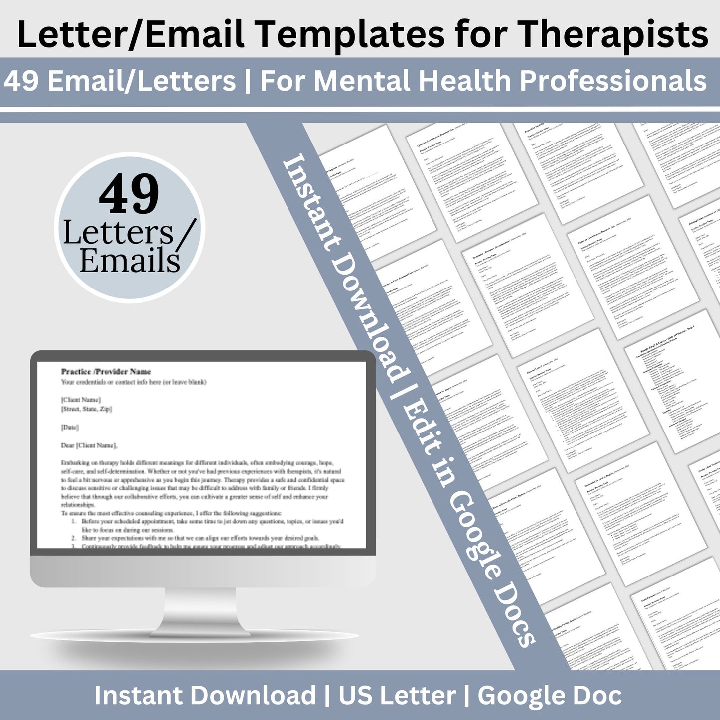 49 Email/letter templates that clinicians need for their professional correspondence. Pre-made emails/letters that will support your private practice business with minimal effort on your part. Completely editable Google Docs.