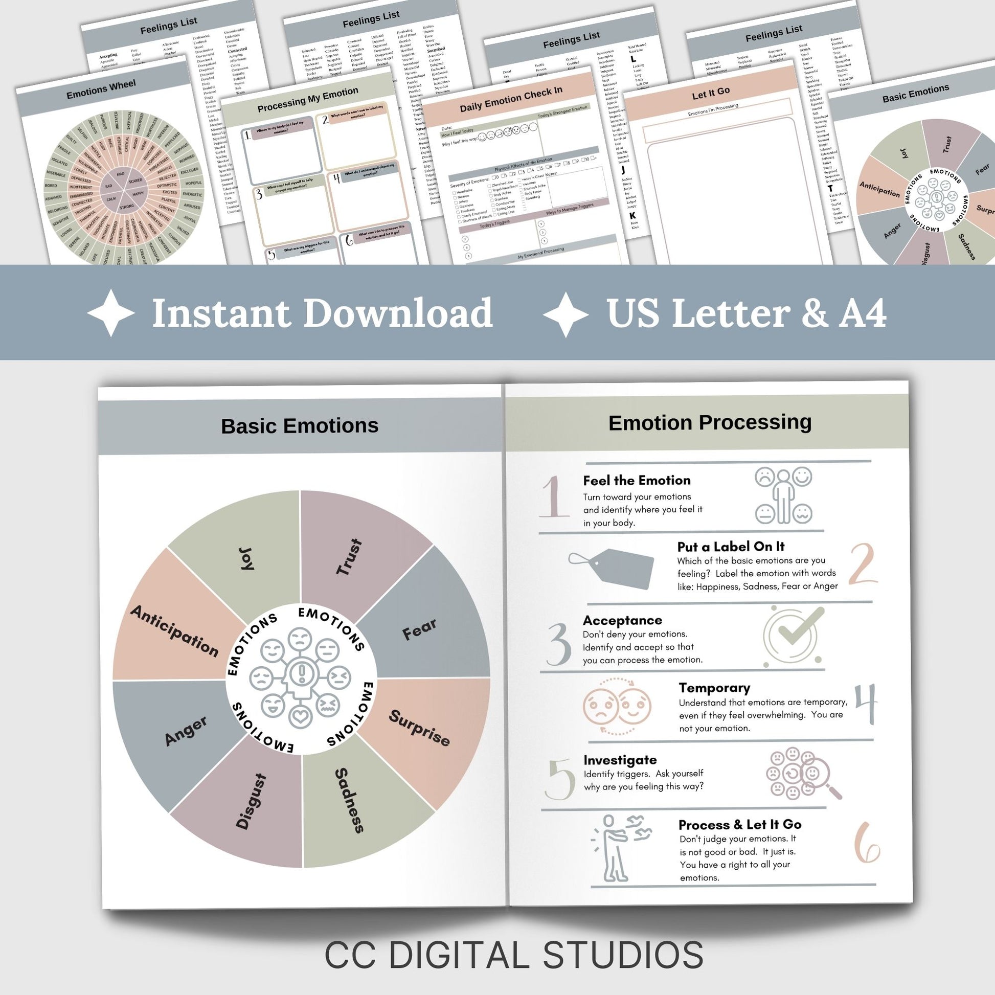 emotion wheel and therapy worksheets for personal growth and client support. Perfect for therapists, school counselors, and individuals, these tools include a FREE feelings wheels, 11 pages of information & feelings lists and 3 worksheets.