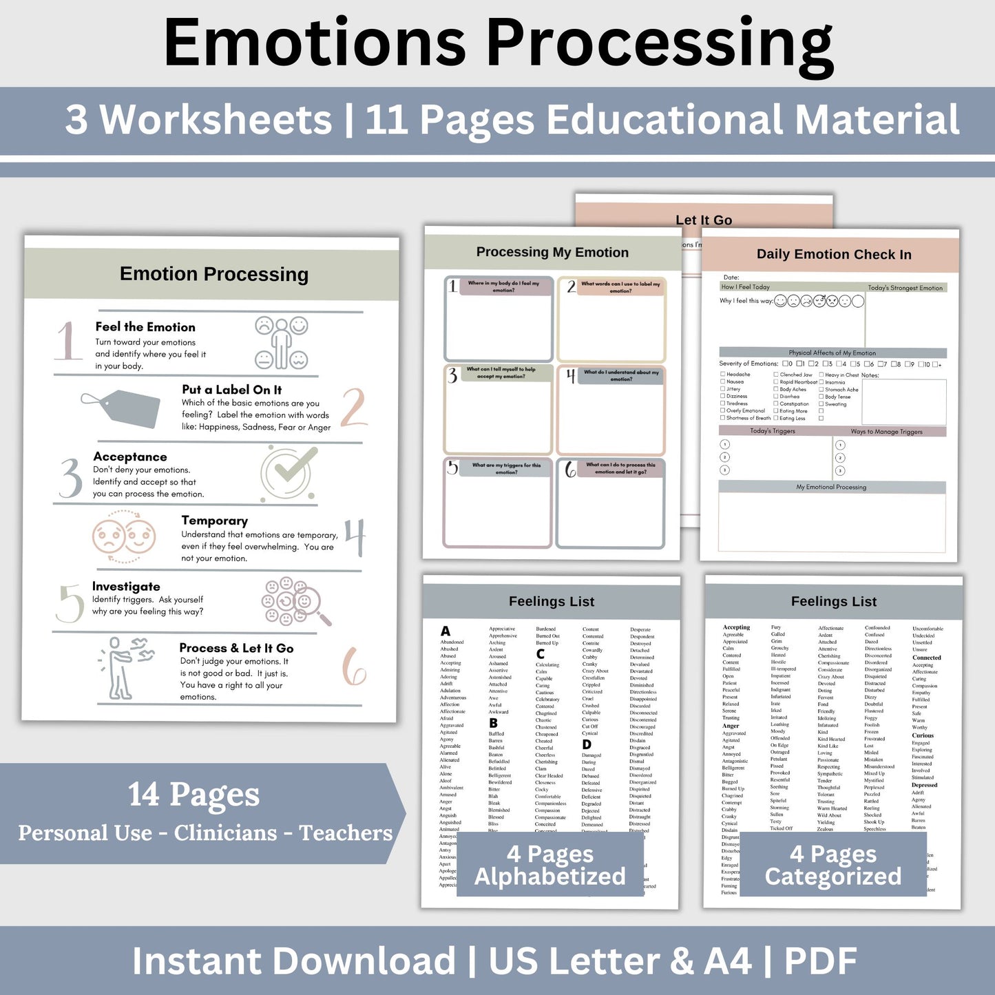 emotion wheel and therapy worksheets for personal growth and client support. Perfect for therapists, school counselors, and individuals, these tools include a FREE feelings wheels, 11 pages of information & feelings lists and 3 worksheets.