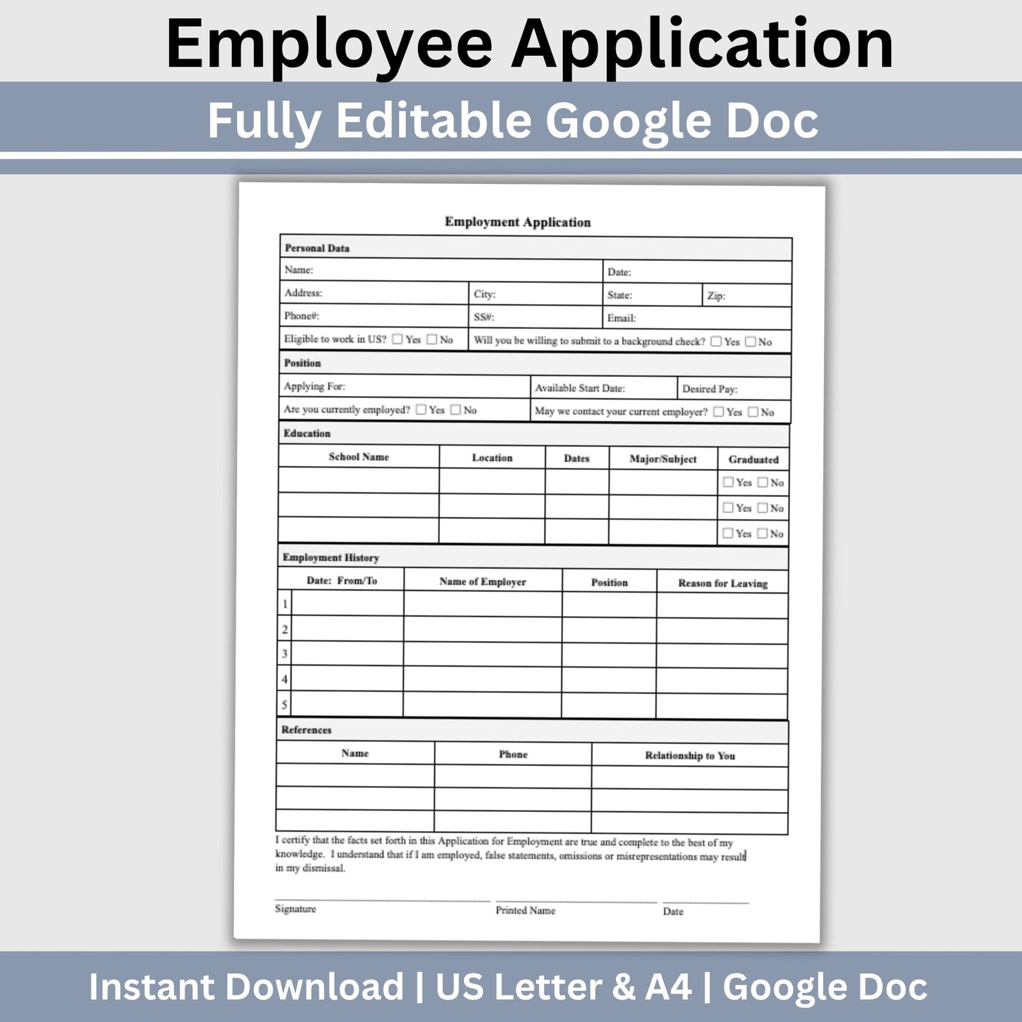 Employee Application Template - Google Doc