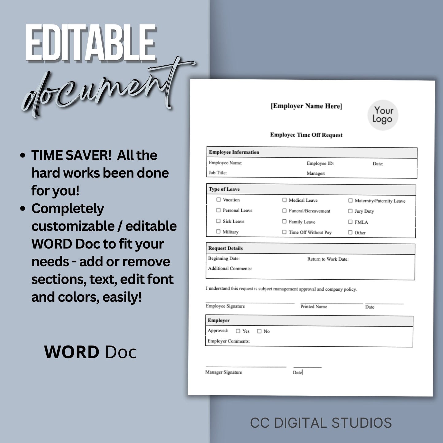 Employee Time Off Request Form:  Editable Word Docs
