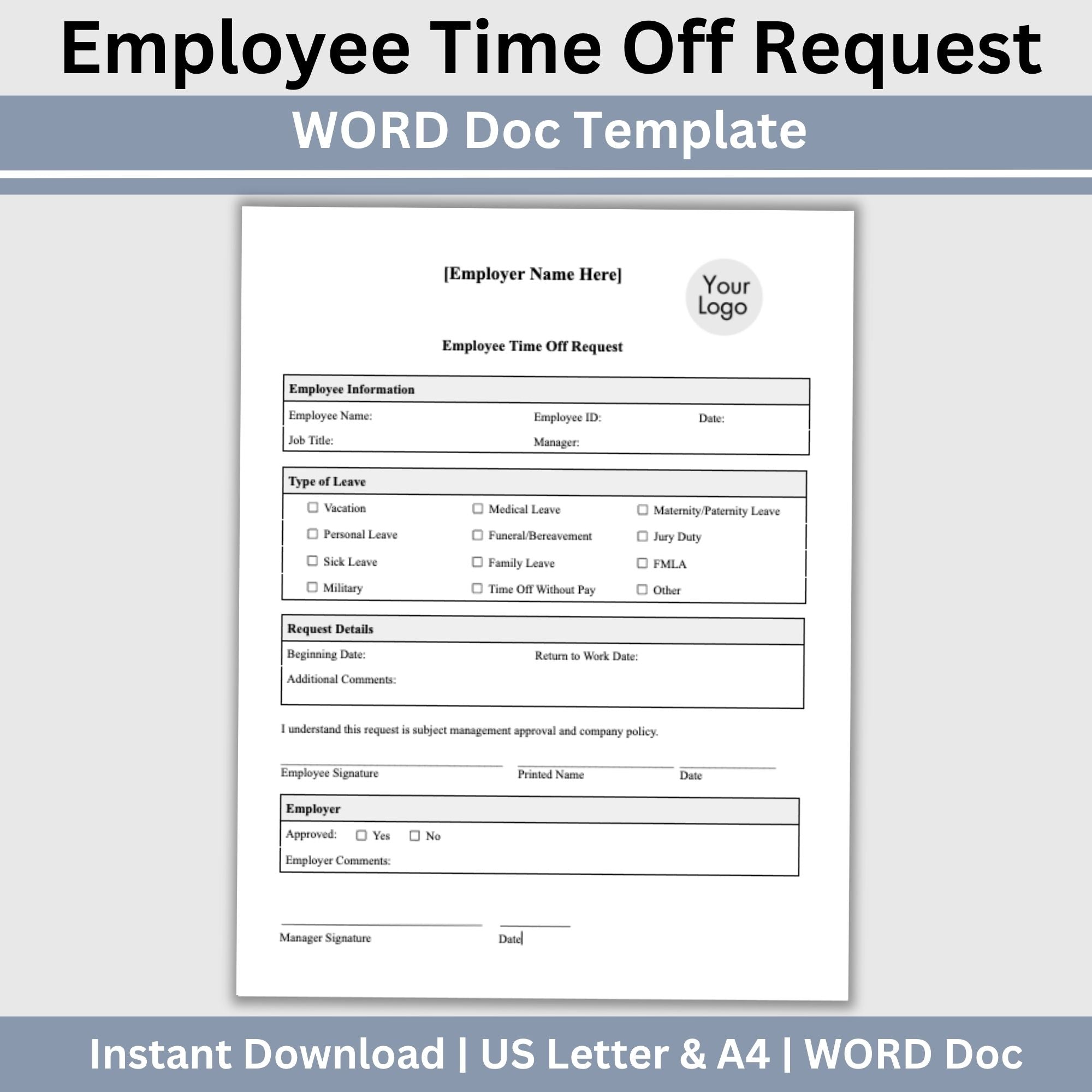 Employee Time Off Request Form: Editable Word Docs – CCDigitalStudios