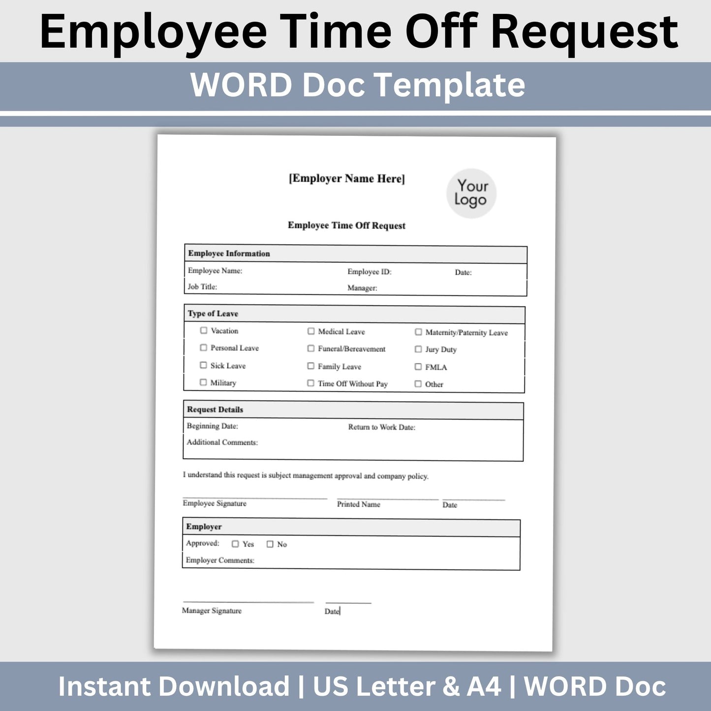 Employee Time Off Request Form:  Editable Word Docs