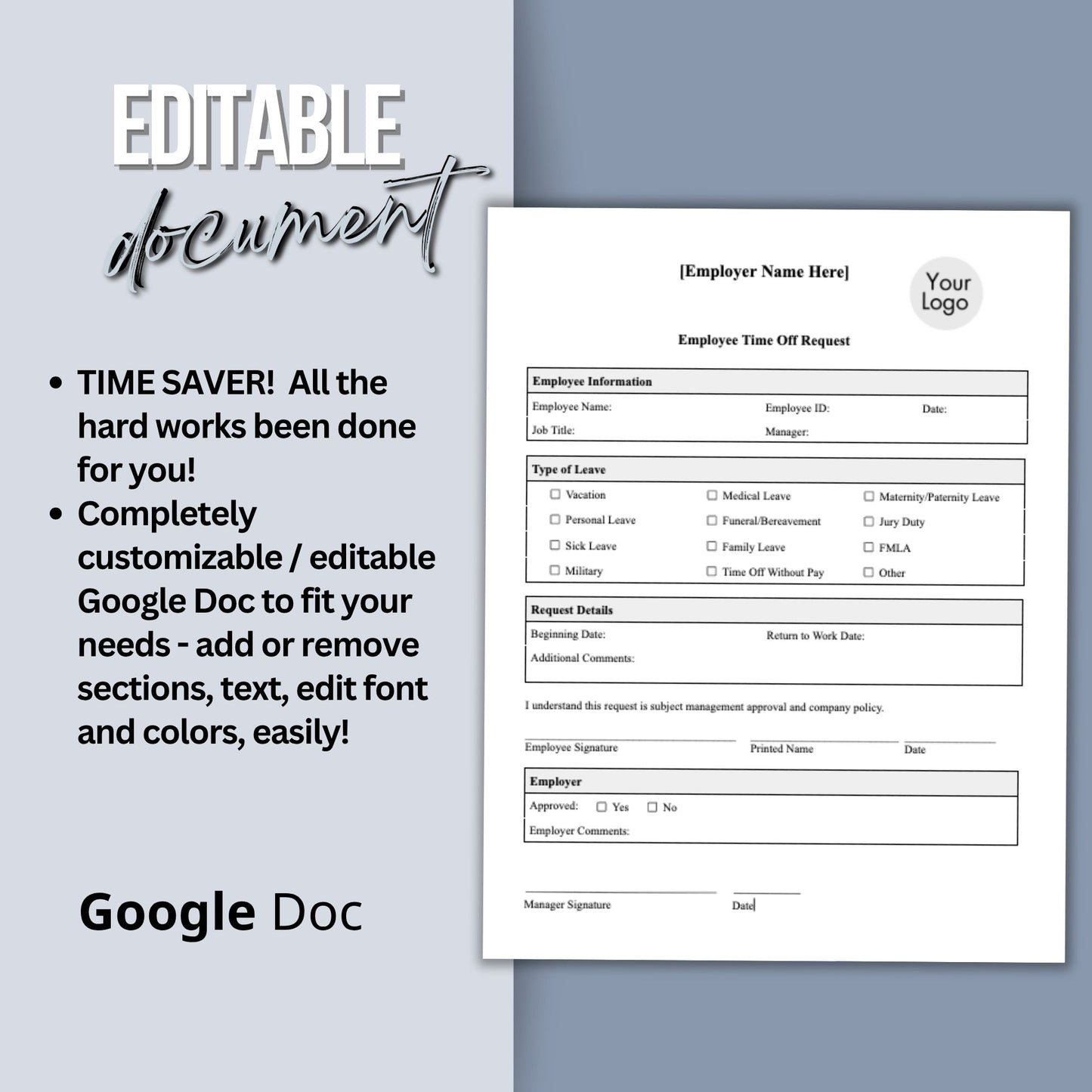 Employee Time Off Request Form Editable Google Docs