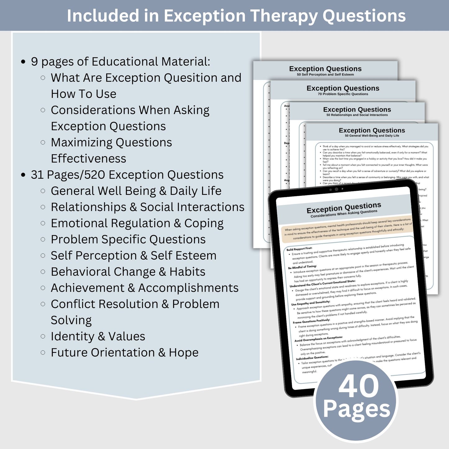 Solution-Focused exception questions.  Therapy cheat sheets Brief Therapy Solution Focused Exception Therapy Questions Cheat Sheets, Counseling Resources, Therapy Tools for Counseling Office, Brief Therapy, SFBT