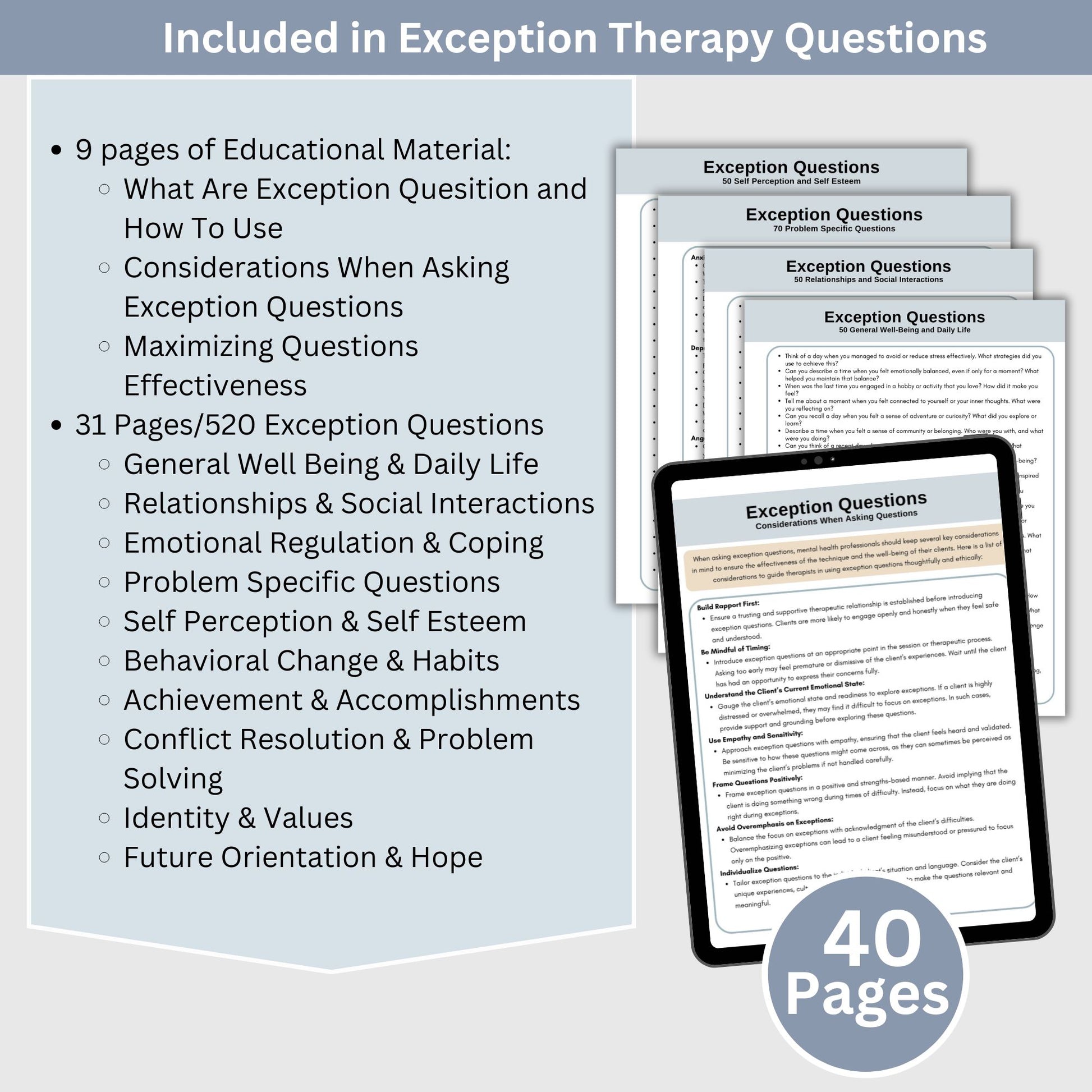 Solution-Focused exception questions.  Therapy cheat sheets Brief Therapy Solution Focused Exception Therapy Questions Cheat Sheets, Counseling Resources, Therapy Tools for Counseling Office, Brief Therapy, SFBT