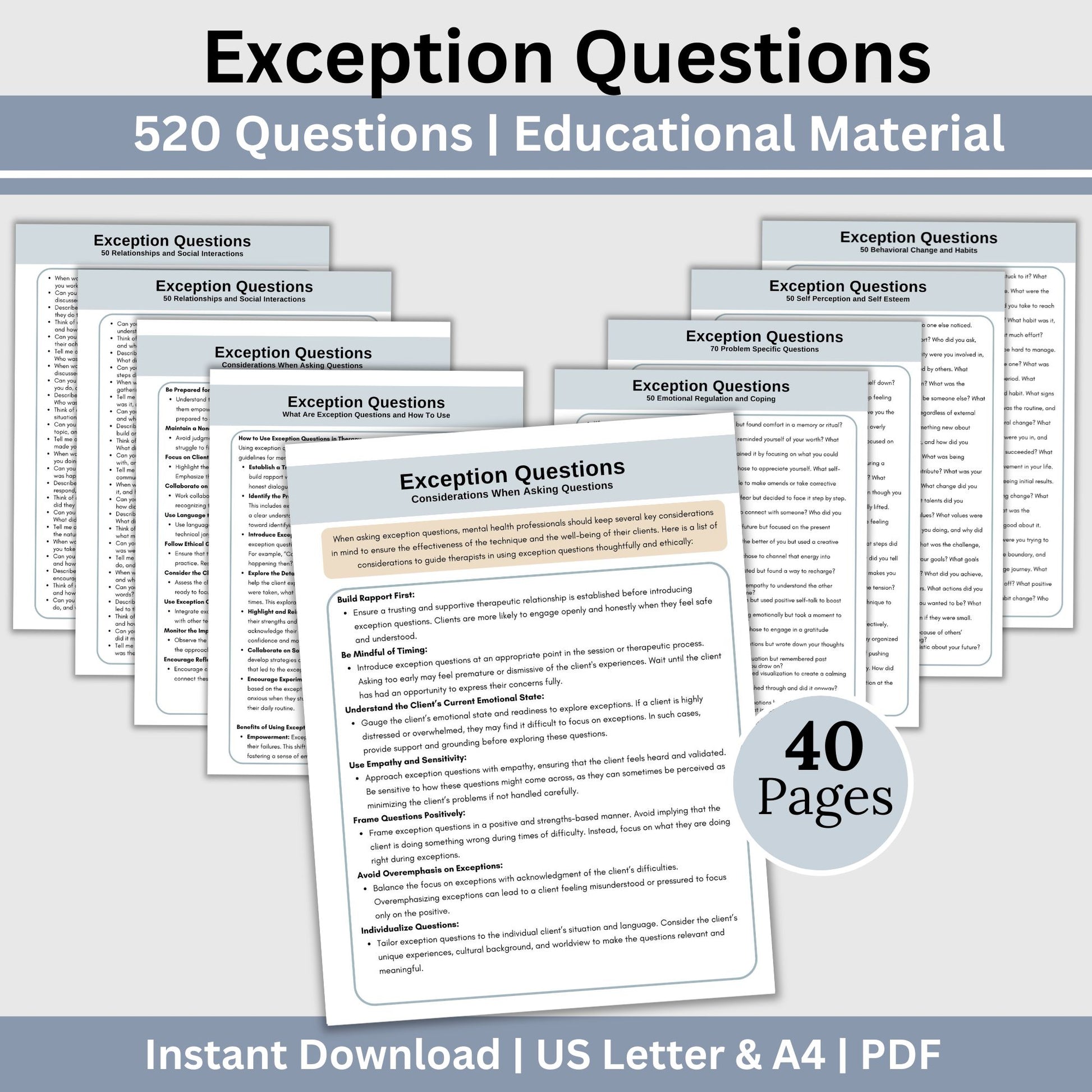 Solution-Focused exception questions.  Therapy cheat sheets Brief Therapy Solution Focused Exception Therapy Questions Cheat Sheets, Counseling Resources, Therapy Tools for Counseling Office, Brief Therapy, SFBT