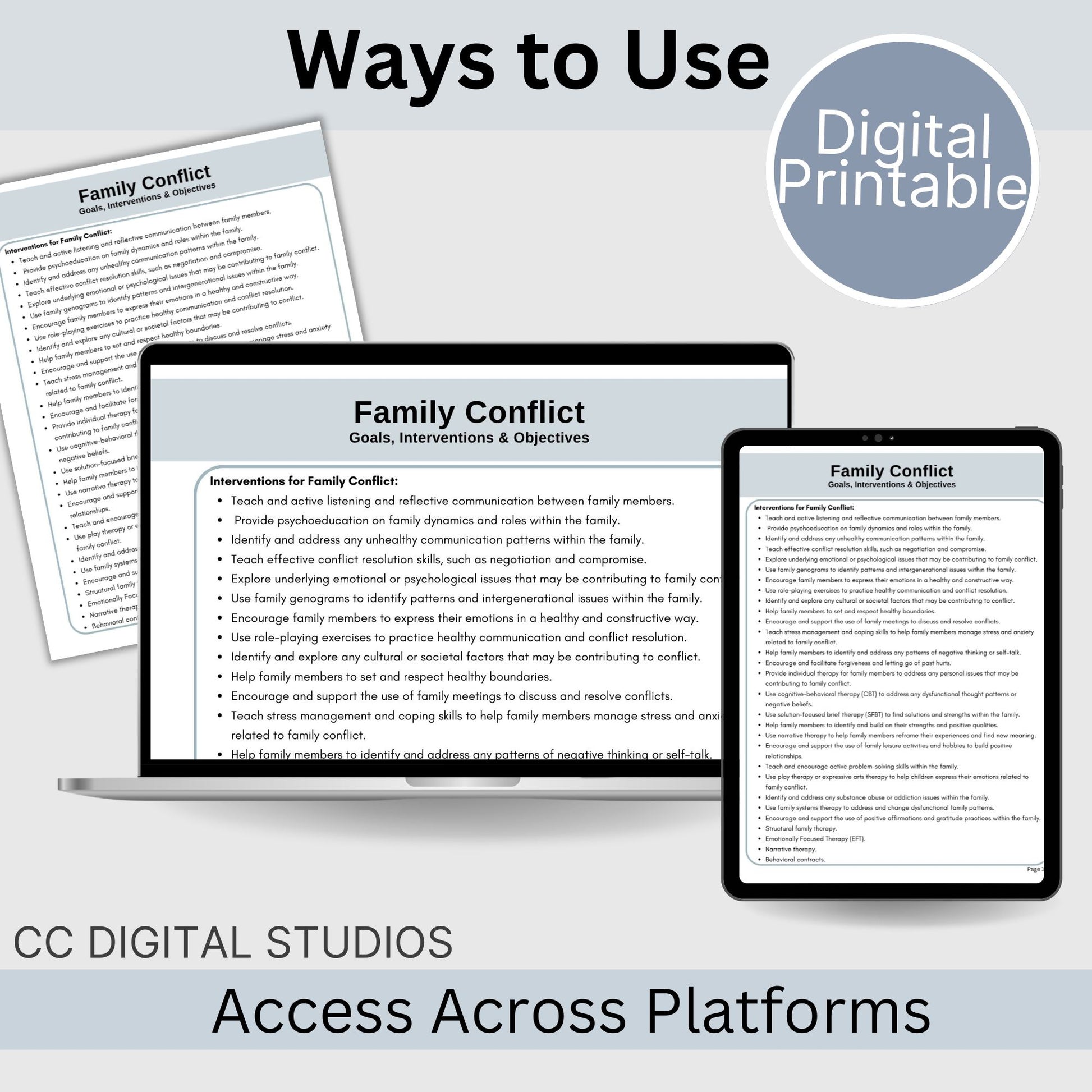 Family Therapy Treatment Planning Tool for family conflict. This resource is designed to help therapists create effective treatment plans with SMART goals for therapy and objectives and interventions.