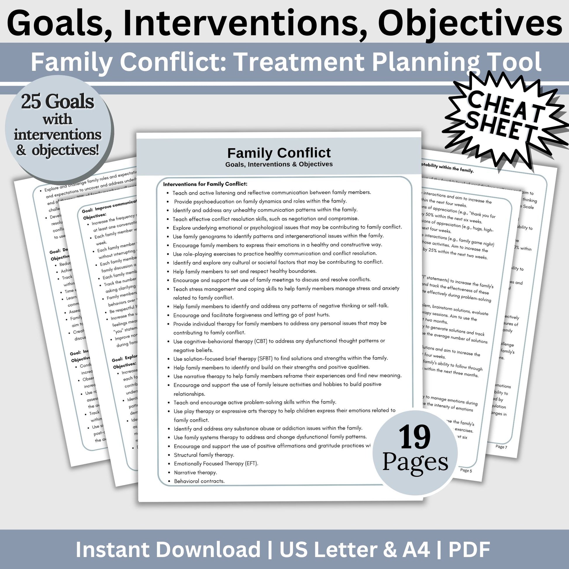 Family Therapy Treatment Planning Tool for family conflict. This resource is designed to help therapists create effective treatment plans with SMART goals for therapy and objectives and interventions.