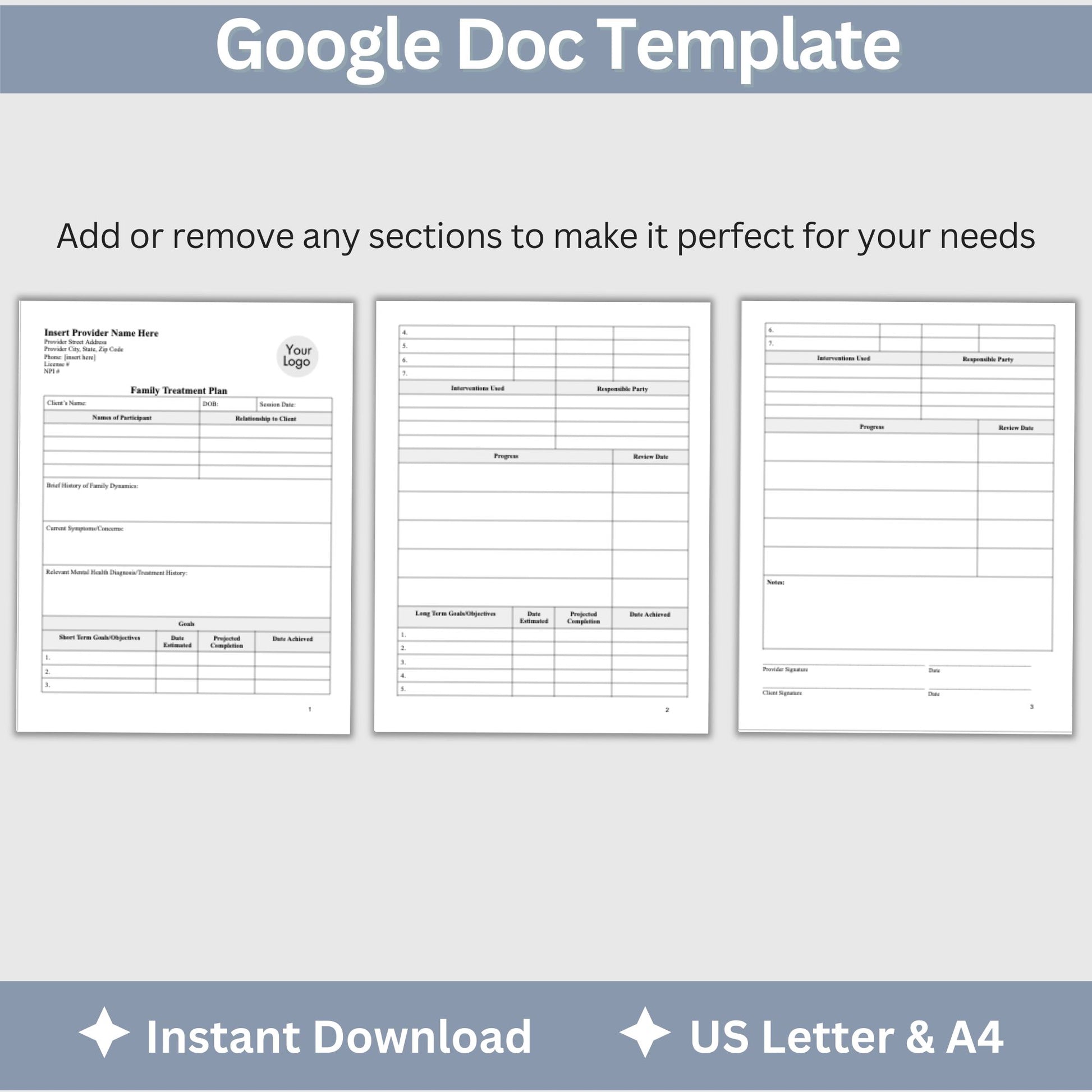 Treatment plan for family therapy sessions. With this template, you'll have a clear and organized way to create family treatment plans that are evidence-based and comprehensive. &nbsp;It's perfect for therapists, counselors, social workers, and other mental health professionals. It's designed to save you time and streamline your process, so you can focus on providing the best possible care to your clients.